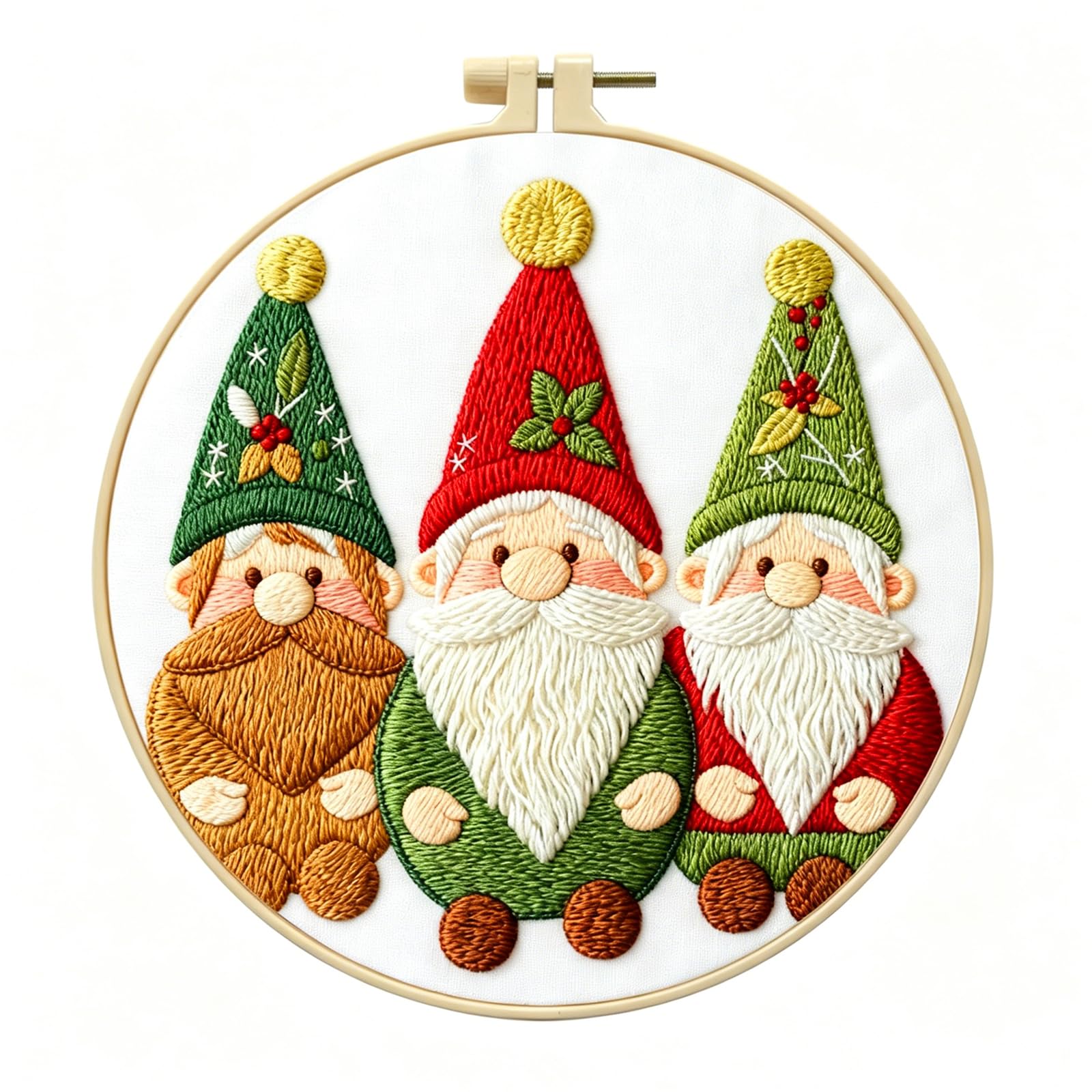 Zhenqing Christmas Gnome Embroidery Kit for Beginners, 3 Gnomes Needlework Kit with Pre-Printed Cotton Fabric, Hoop, Threads &amp; Tools (C0028)