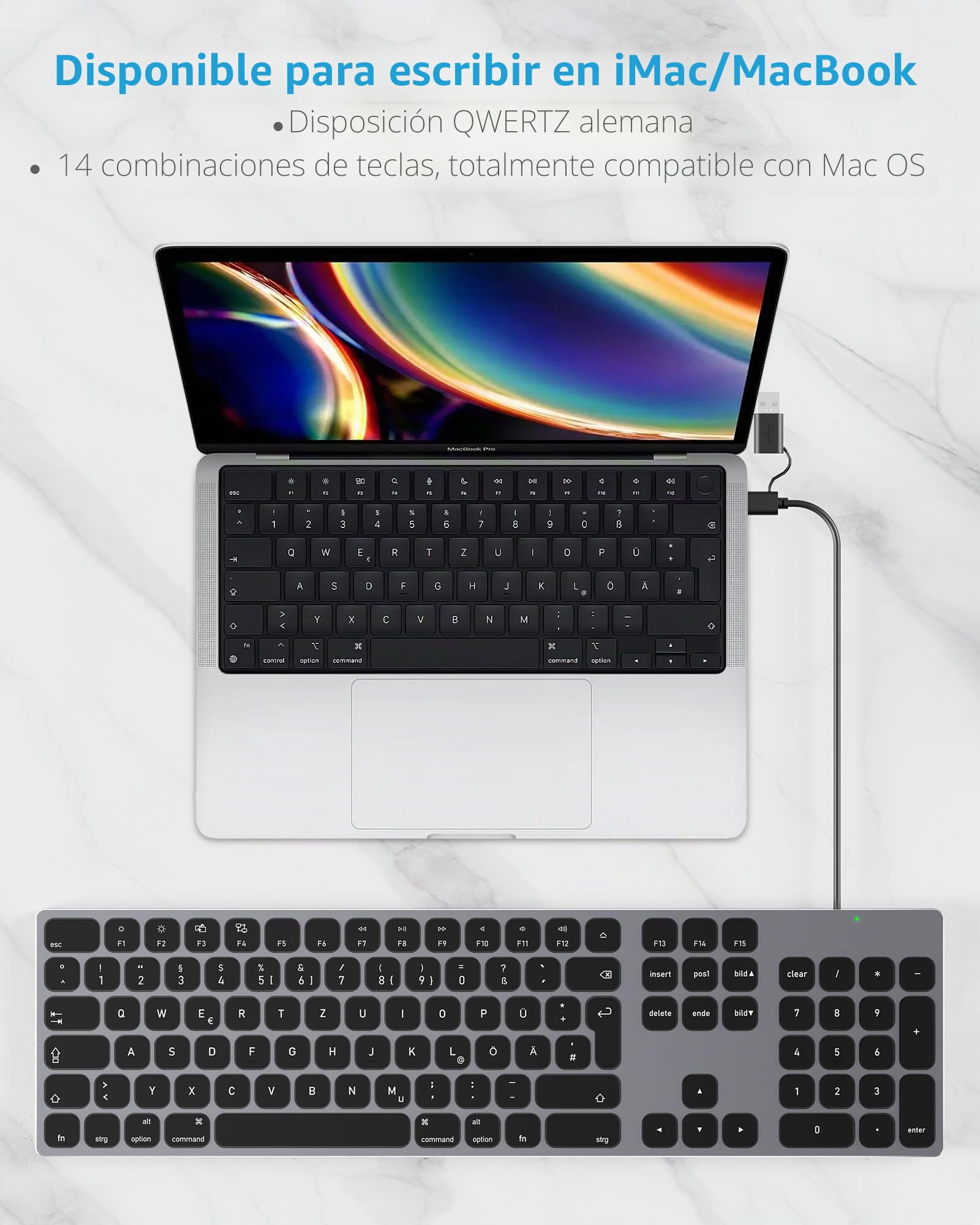 Teclado con cable de aluminio para Apple Mac OS: puerto USB/USB-C, Plug and Play, completo, delgado y duradero con teclado numérico para iMac, Mac mini o MacBook, color gris