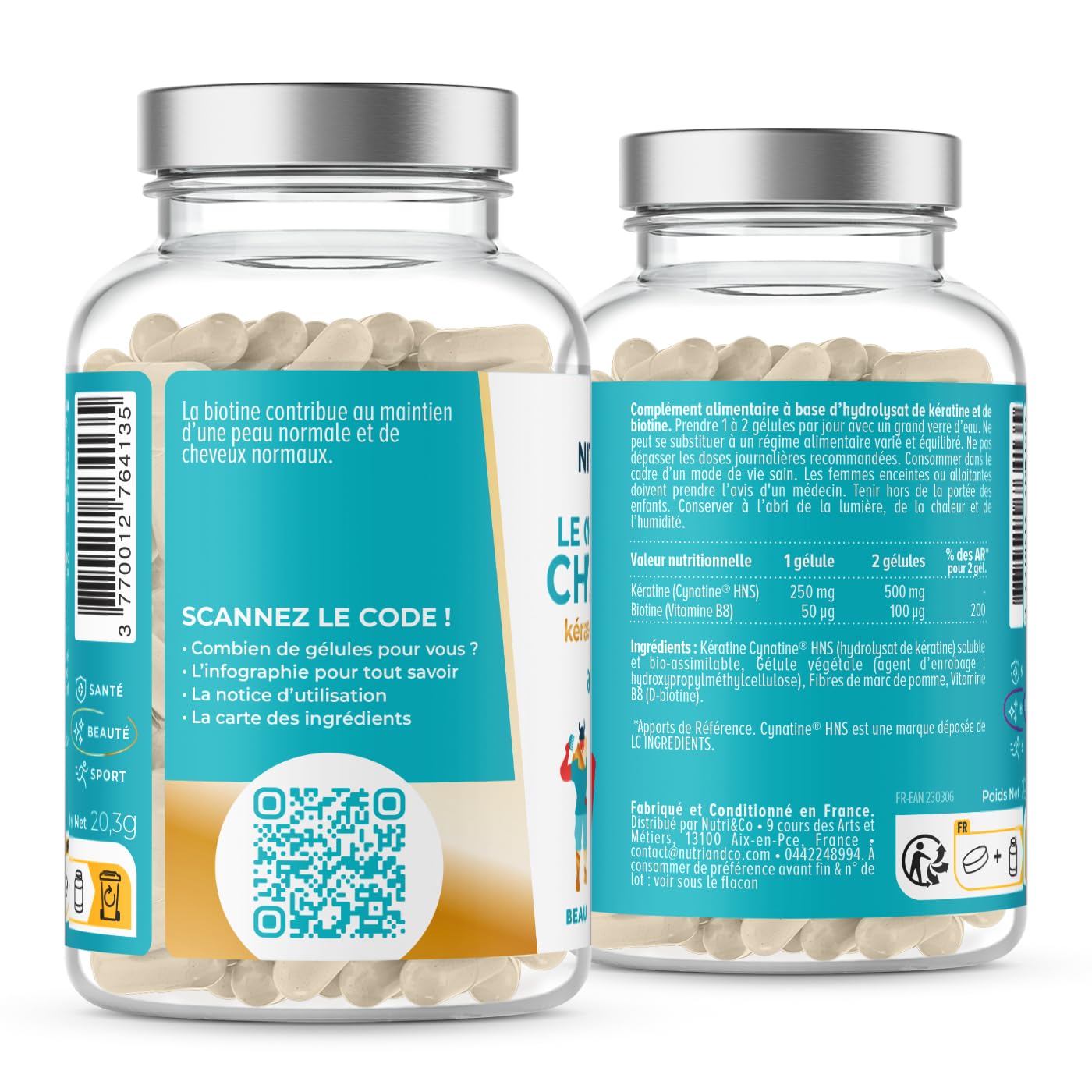 NUTRI & CO Biotine Cheveux avec Kératine Brevetée + Vitamine B8 - Accélère la Pousse des Cheveux & des Ongles - Complément Alimentaire pour Cheveux - 60 gélules Vegan Fabriqué en France
