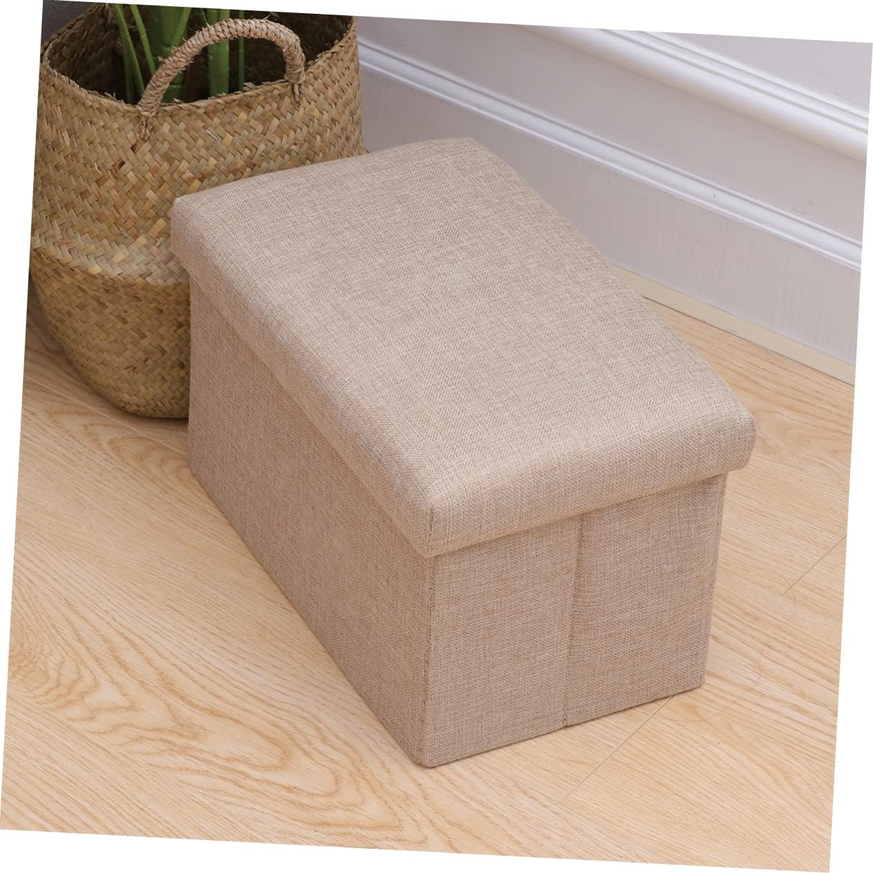 Foldable Storage Box with Top Beige Linen Fabric Chest Foot Rest for Bedroom Living Lightweight Portable for Home Travel and Outdoor Use