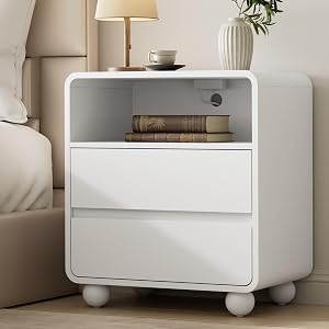 Lulive Night Stand with 2 Drawers, Fluted Nightstand with Charging Station, Wood Modern Bedside End Table with Storage Drawer for Bedroom, White