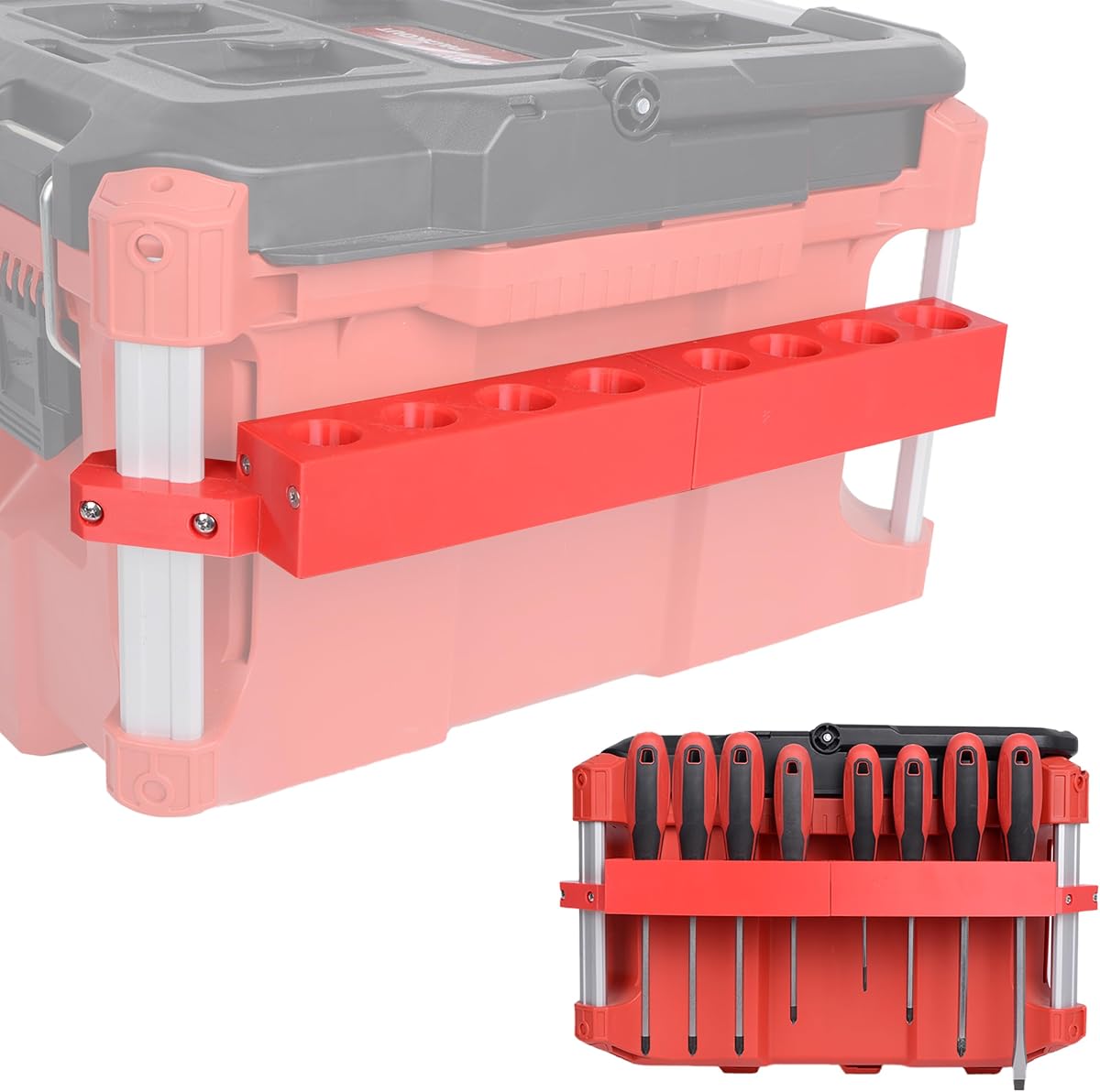 8-Slot Screwdriver Holder Compatible with Milwaukee PACKOUT Side Rails | Free up toolbox space and keep 8 screwdrivers ready to grab; dual adjustable holders secure to PACKOUT rails with M4 screws