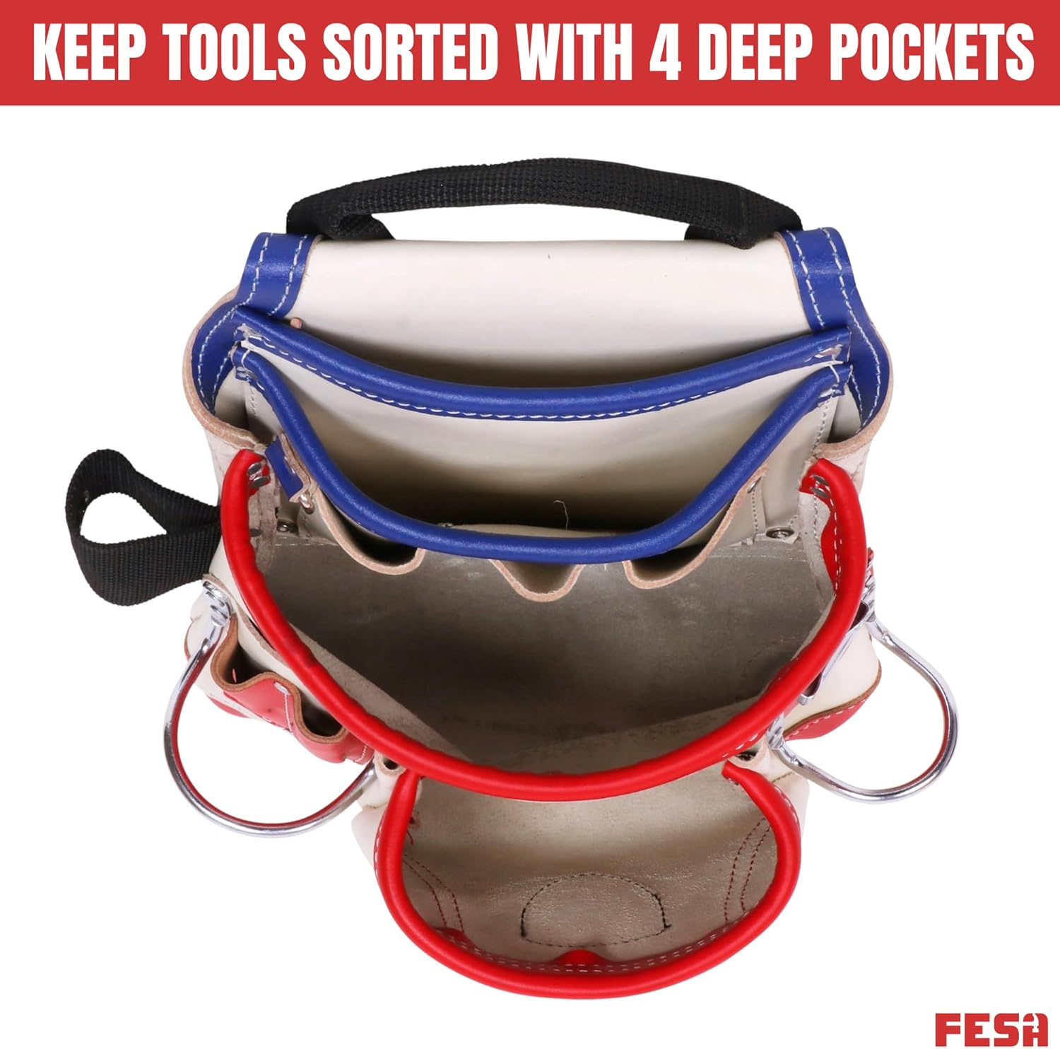 FESA Leather Carpenter Tool Pouch - 10-Pocket Heavy Top Grain Leather Carpenter Pouch with 2 Hammer Loops, Large & Small Pockets - Fits Work Belts up to 3" - Handcrafted - Country-Themed
