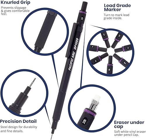 Vista 70 de Pacific Arc Chromagraph - Portaminas de metal de 0.028 in, barril plateado, con indicador de grado de lápiz integrado, soporte para lápiz de plomo