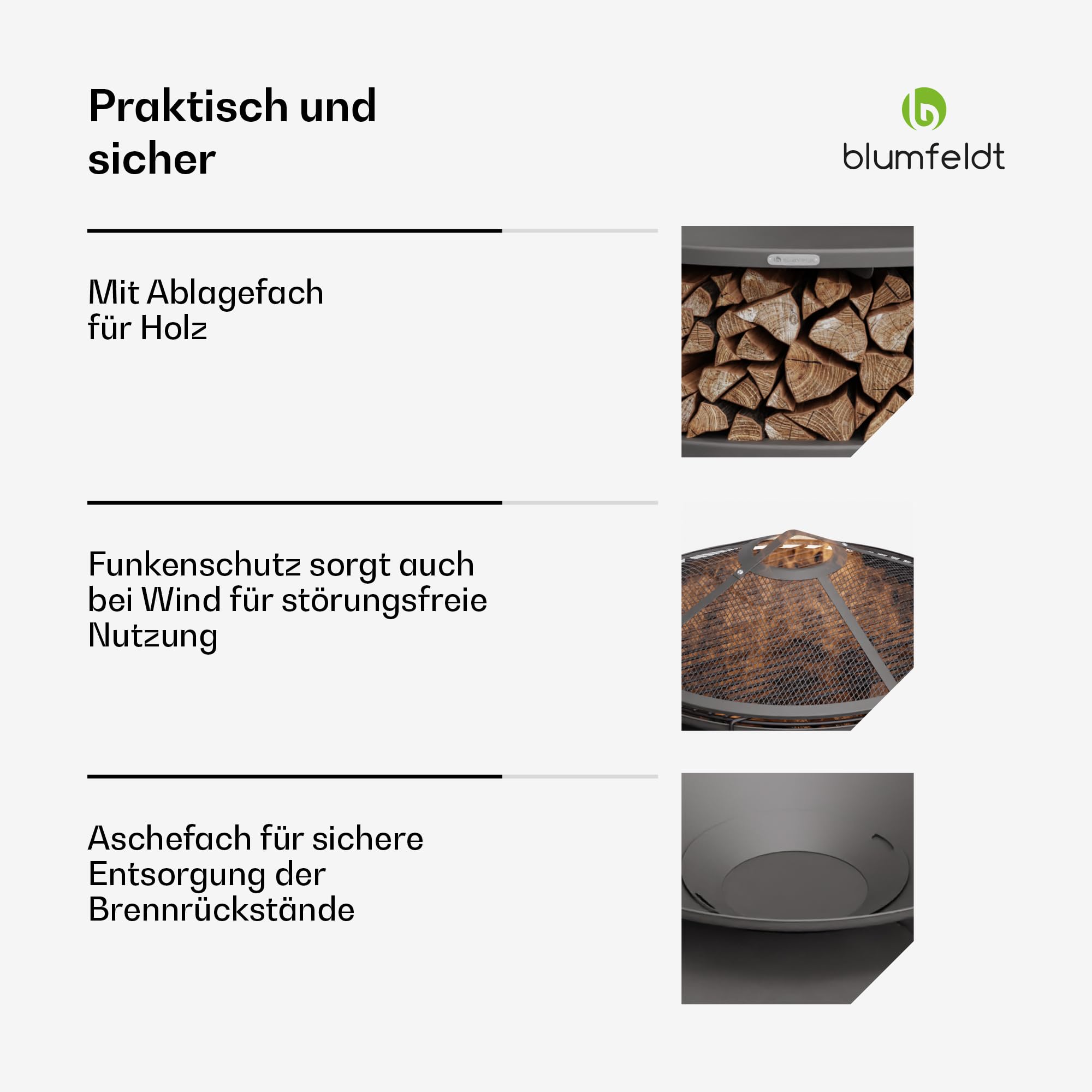 Blumfeldt Ebeko Feuerschale - 3-in-1 Feuerschale Mit Grillrost & Tisch, Robuster Stahl, Inkl. Funkenschutz, Schürhaken, Holzscheitablage & Regenschutz, Perfekt Für Garten & Terrasse