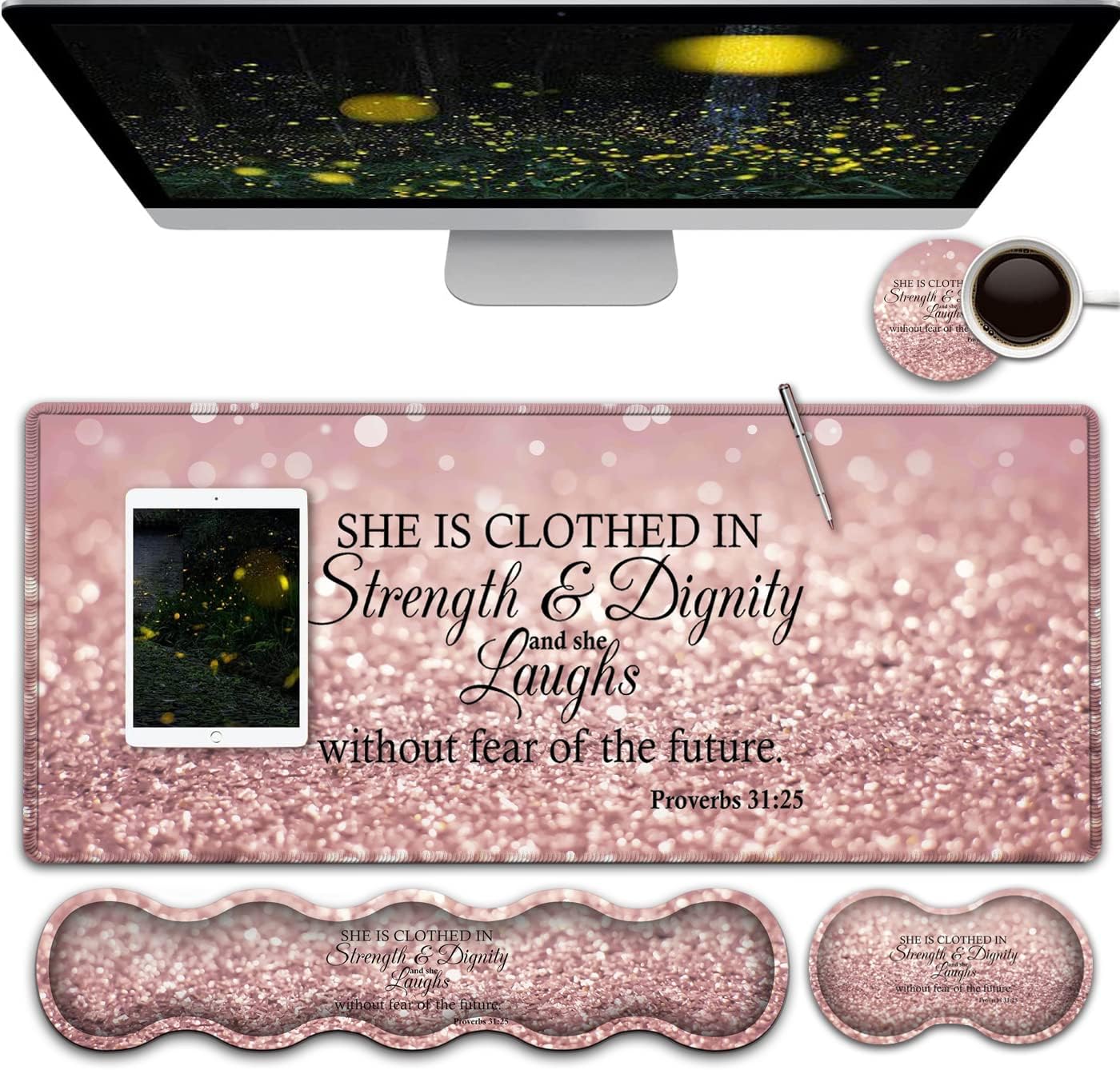 Large Gaming Mouse Pad,Extended Office Desk Mat,Waterproof Desk Writing Pad for Office/Home Ergonomic Mouse &Keyboard Wrist Rest,Proverbs 31:25 Bible Verse Laptop Desk Pad Pink Mousepad Wrist Support
