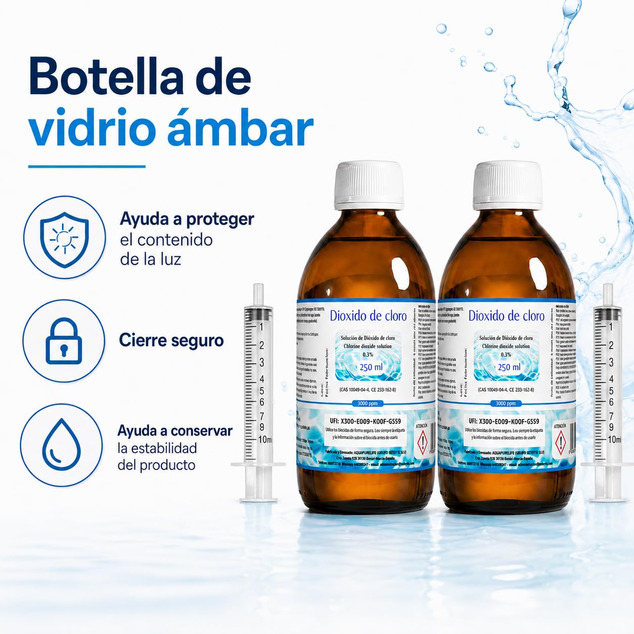 Dióxido de Cloro 3000 ppm - CDS | CDL - Envasado en Botella de Cristal Ámbar - 2 Botellas 250ml = 500ml - Compra Ahorro - Fabricado en España