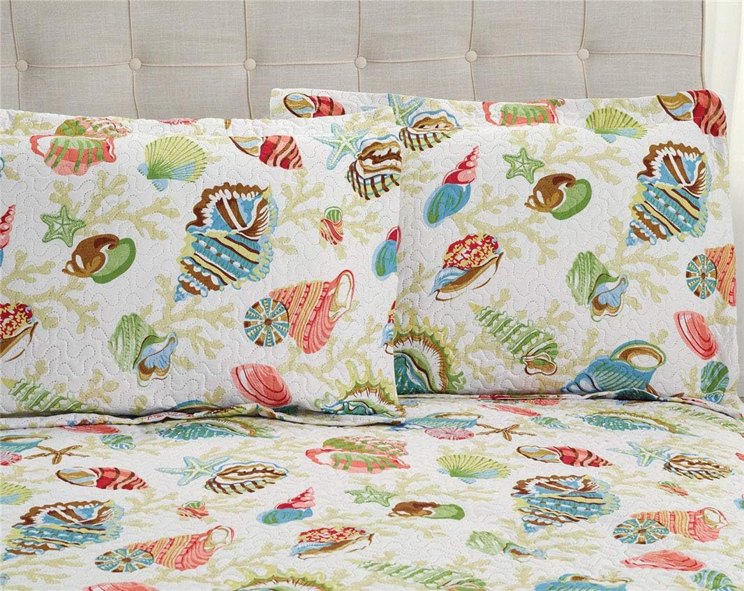 3-Piece Colorful Seashell Lightweight Quilt Set,Beach Themed Cottage Reversible Bedspread Coverlet,Vivid Seascape Image Coral Starfish Scallop Printed Bed Cover Seaside Bedding Set (Yellow,King) thumbnail