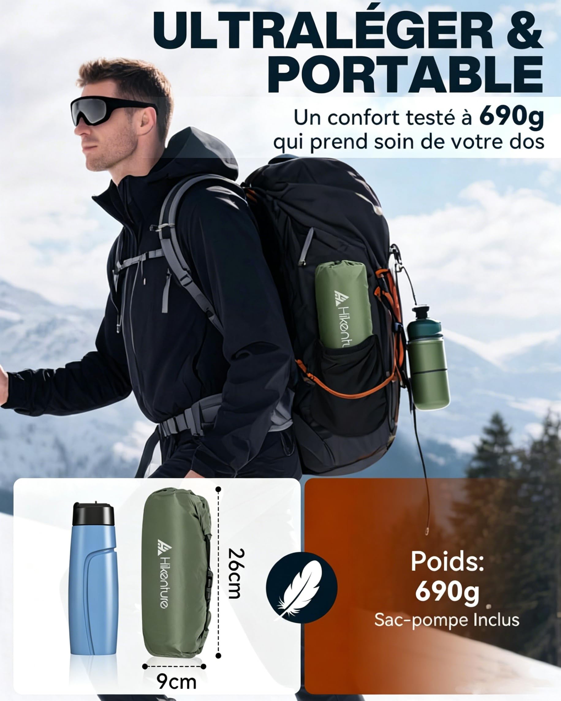 HIKENTURE Valeur-R 6.2 Matelas de Camping Ultra-léger 1 Personne Épais 8cm | Compact, Isolation 4 Saisons (-20℃) - Matelas Autogonflant avec Sac de Pompe - Pour Camping, randonnée, bivouac, tente - Vert