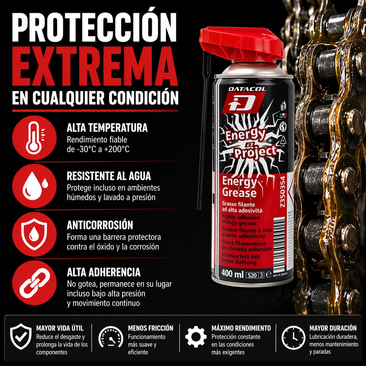 Datacol Grasa en spray adhesiva alta temperatura 400 ml, lubricante para cadena, engranajes y maquinaria, alta resistencia y adherencia profesional (4)