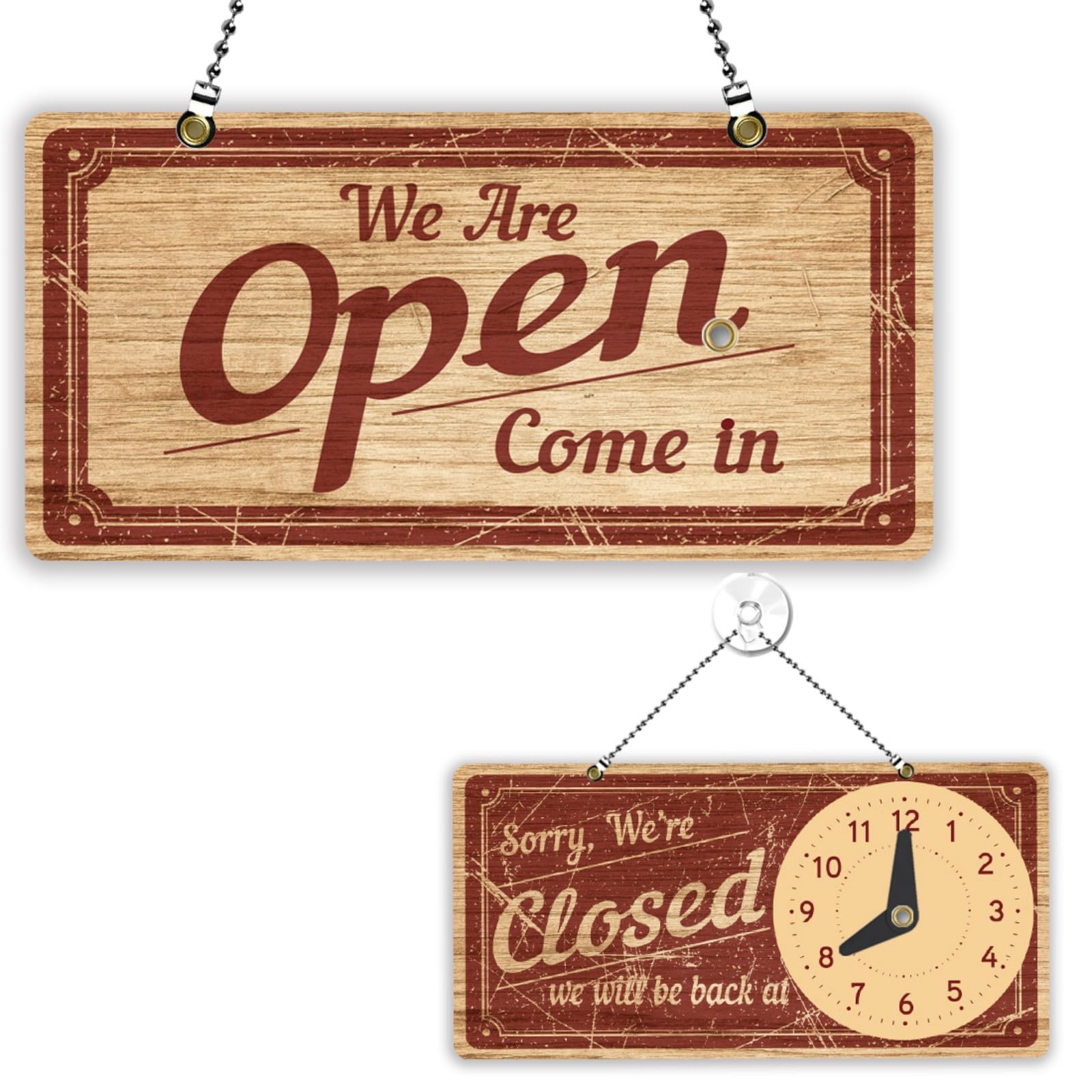 PLIGREAT Retro Wood Style Open Signs Double Sided Open Closed Sign Business Welcome Hours Acrylic Plaque for Retail Store Bar Cafes Window Wall Decor Hanging Door Sign with Chain, 30x15 cm