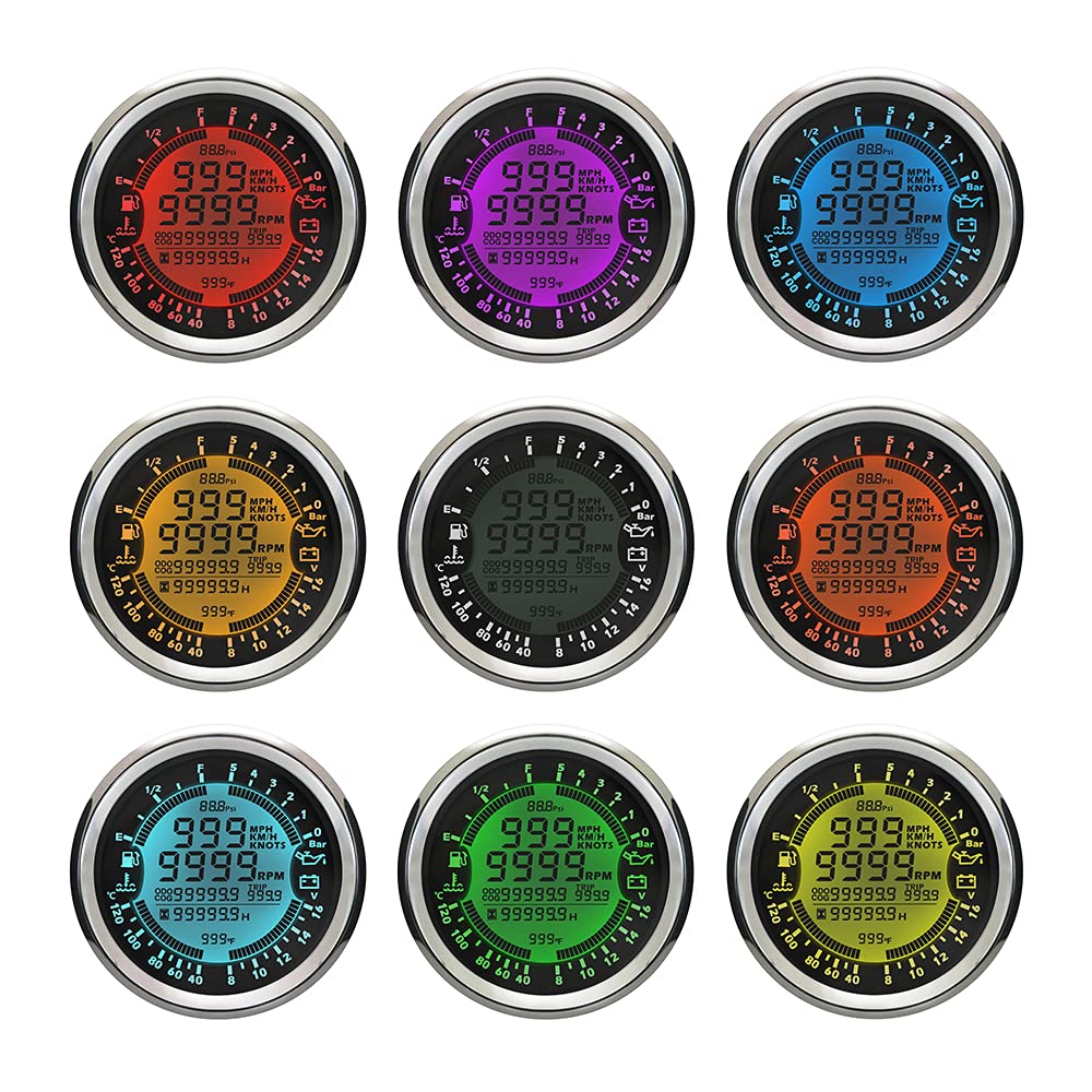 ELING Tachimetro GPS multifunzione Tachimetro Ora Temperatura acqua Livello carburante Voltmetro pressione olio 12V 85mm Con retroilluminazione