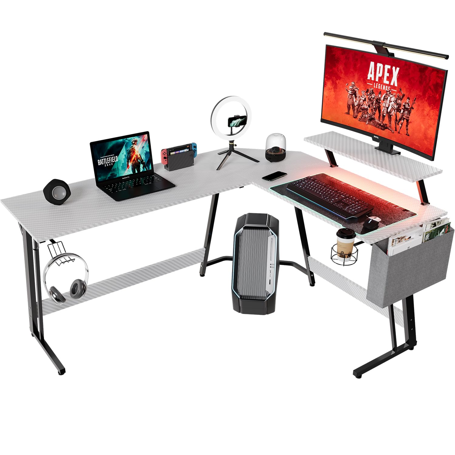 Devoko Mesa de Gaming con LED, Escritorio de Gaming en Forma de L 160×130 cm con Soporte de Monitor, Escritorio de Ordenador para Escritorio y Juego, Escritorio Gamer en Fibra de Carbono Blanco