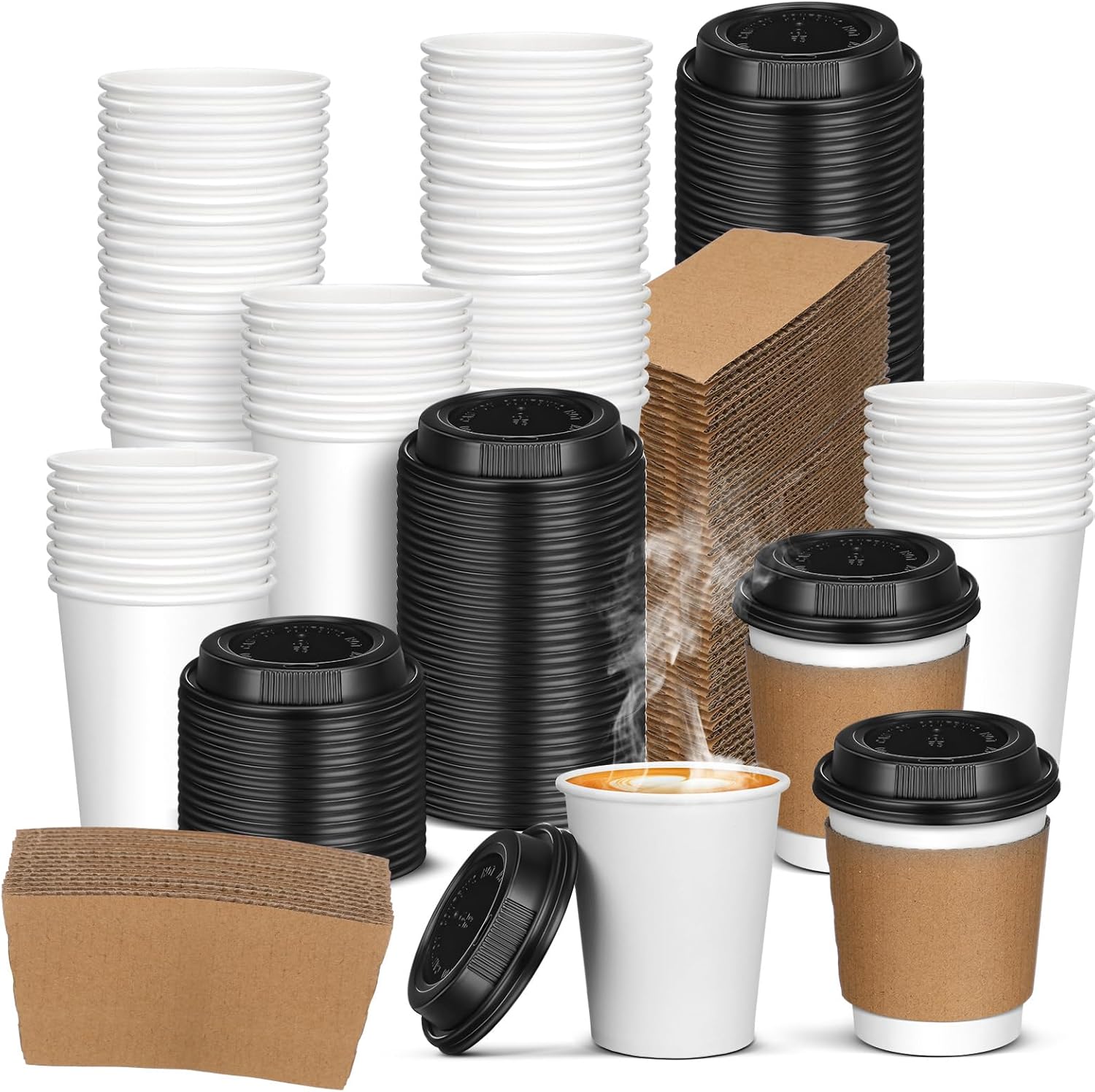 Jingmore 1000 Pcs 8oz Coffee Cups with Sleeves and Lids Bulk Disposable Hot Cups White Paper Drinkware for Cold Water Tea in Office Store Events Party Supplies