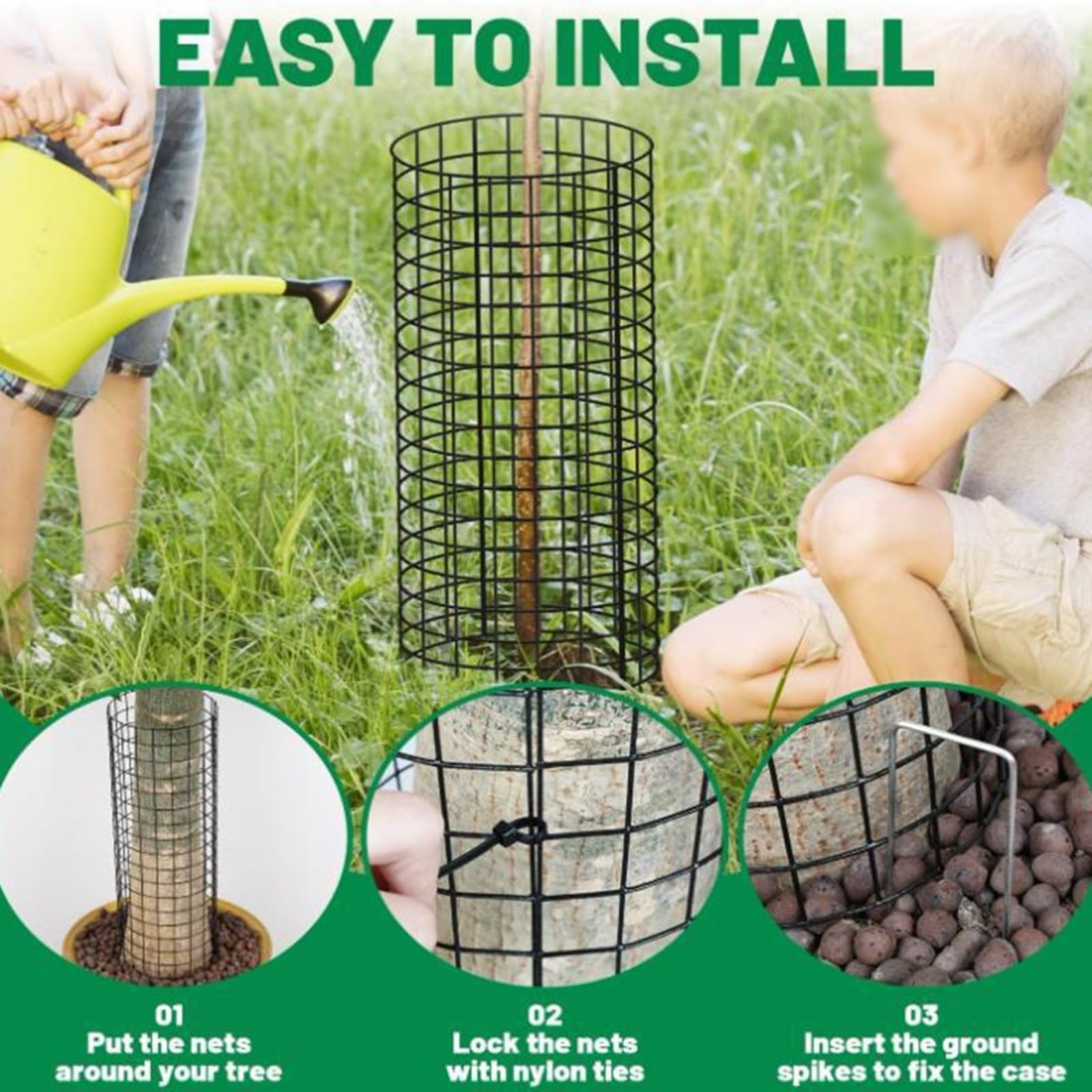 Copertura per tronco di albero in metallo, confezione da 12 protezioni per piante con rete, fascette e chiodi da terra per la protezione degli animali e la sicurezza delle attrezzature da giardino