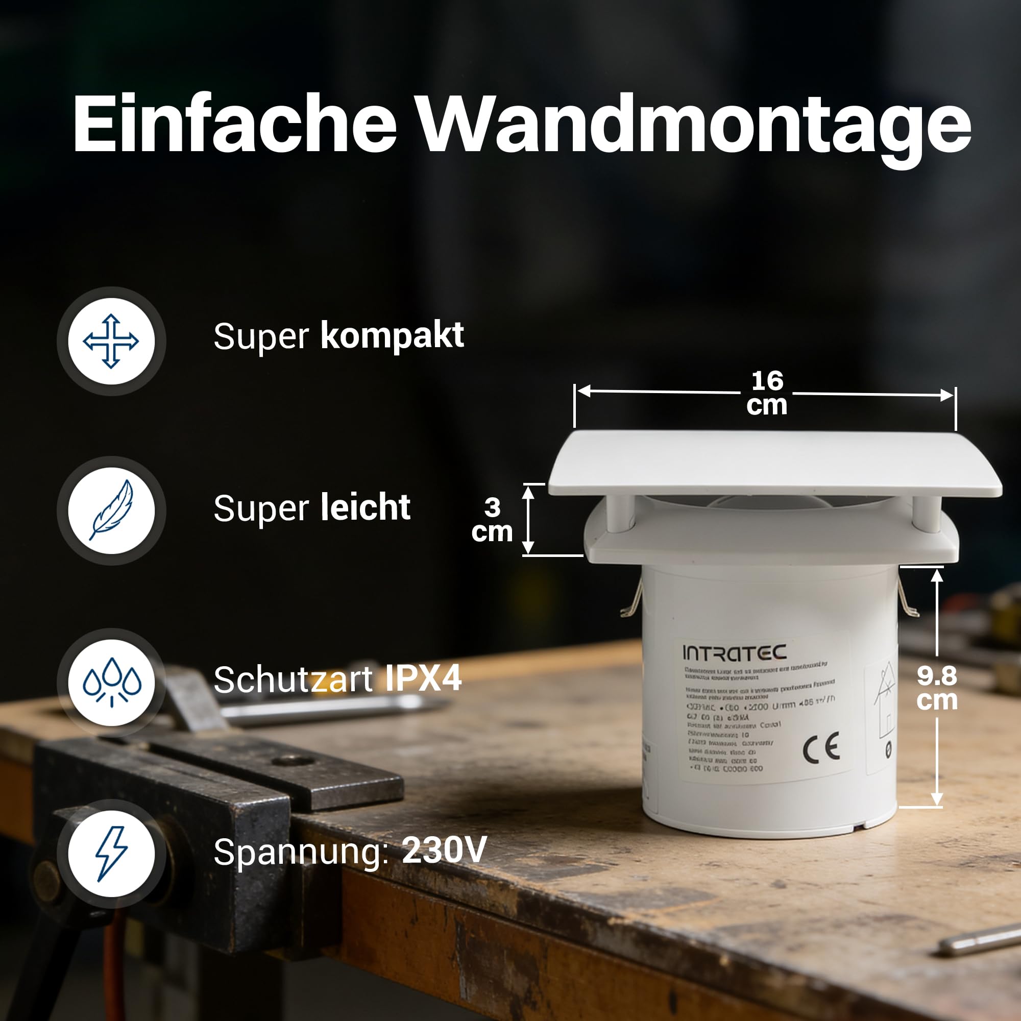 Intratec PUROVENT PRO Badlüfter mit Feuchtigkeitssensor – IPX4 Lüfter 100mm 98m³/h 37dB 230V Bad Badezimmer für einfache Wand- & Deckenmonatge – 160 x 98 x 98mm