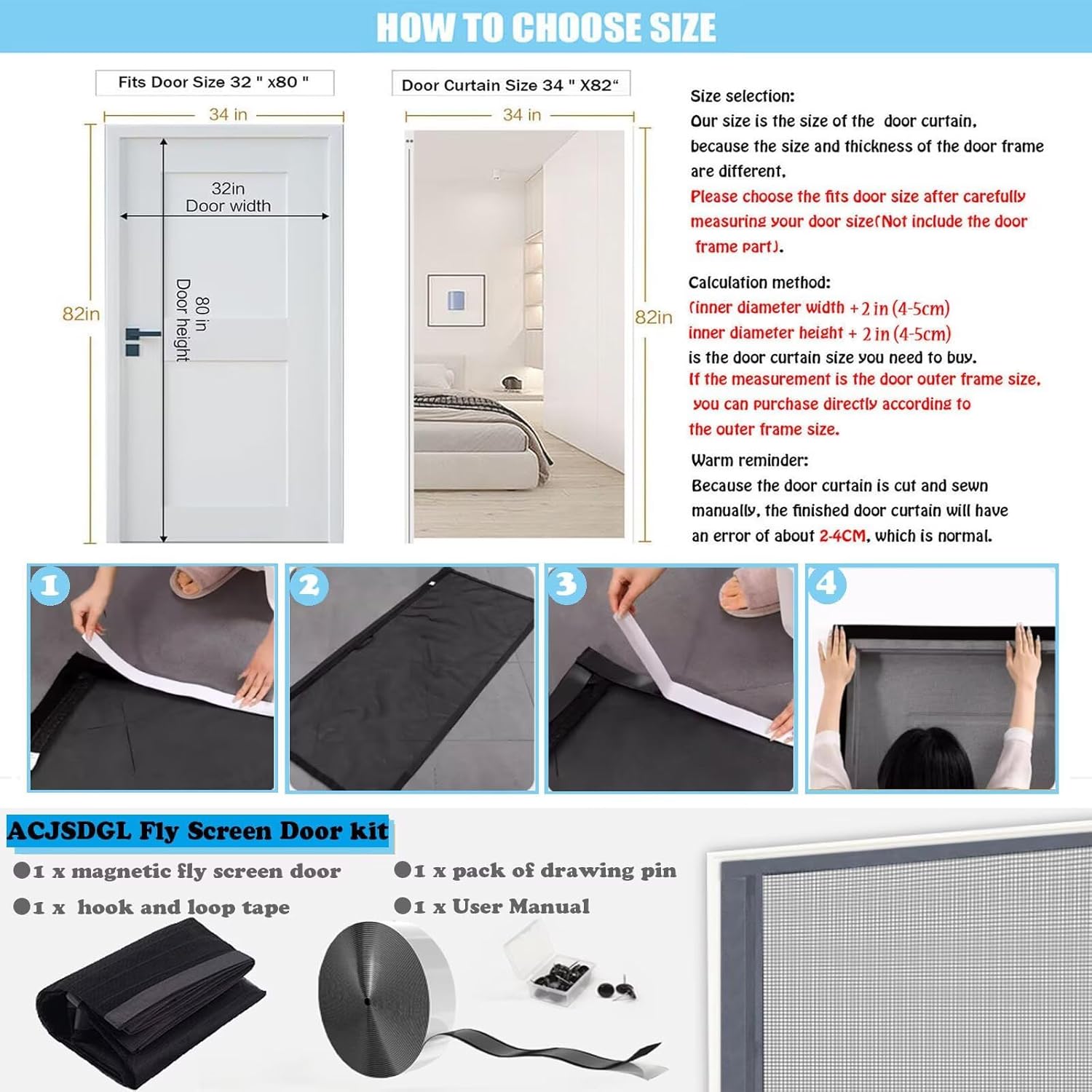 Magnetic Screen Door,W165xH180cm Black,Side Opening Screen,No Drilling,Protection,Balcony Door,Curtain Made of Fibreglass Net,with Adhesive Tape,for Patio Door