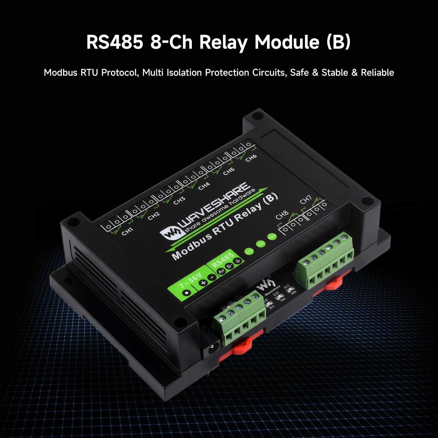 Waveshare Industrial Modbus RTU 8-Ch Relay Module RS485 Interface Multi Isolation Protection 7~36V