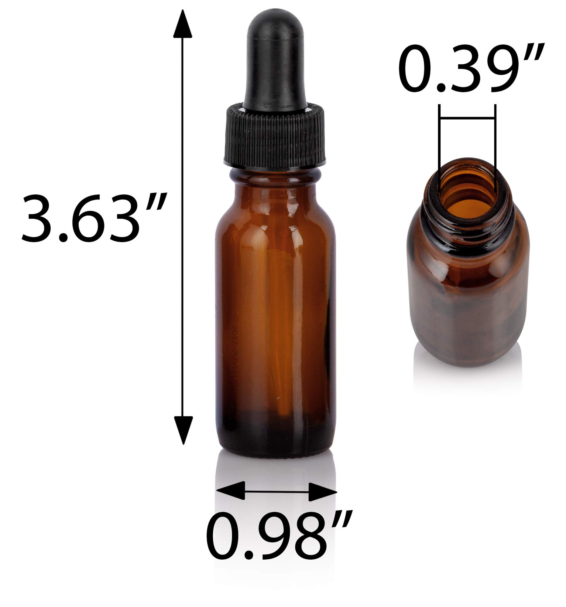JUVITUS (12 pack) 0.5 oz / 15 ml Amber Glass Boston Round Bottle with Black Dropper + Funnel