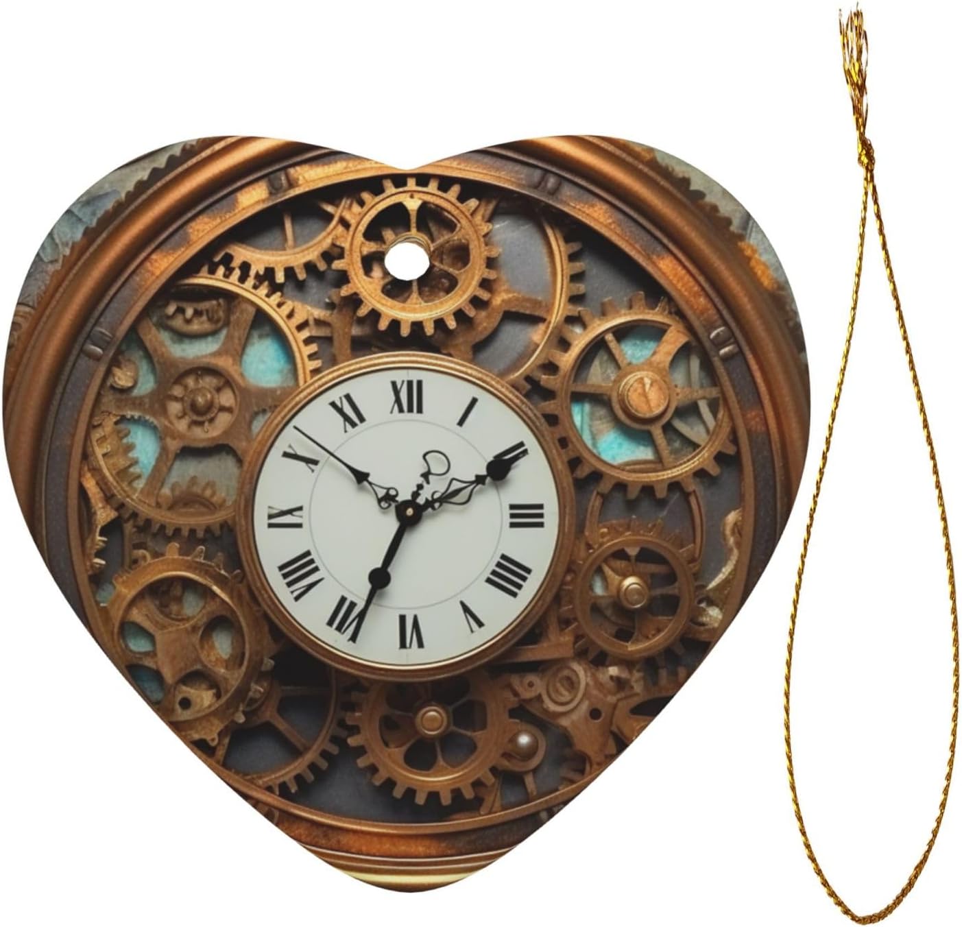 Rusty Steampunk Clock Christmas Ornament Heart Shape Ceramic Christmas Hanging Ornament Christmas Tree Decoration Ceramic Ornament for Xmas Decor Home Office Gift Ideas
