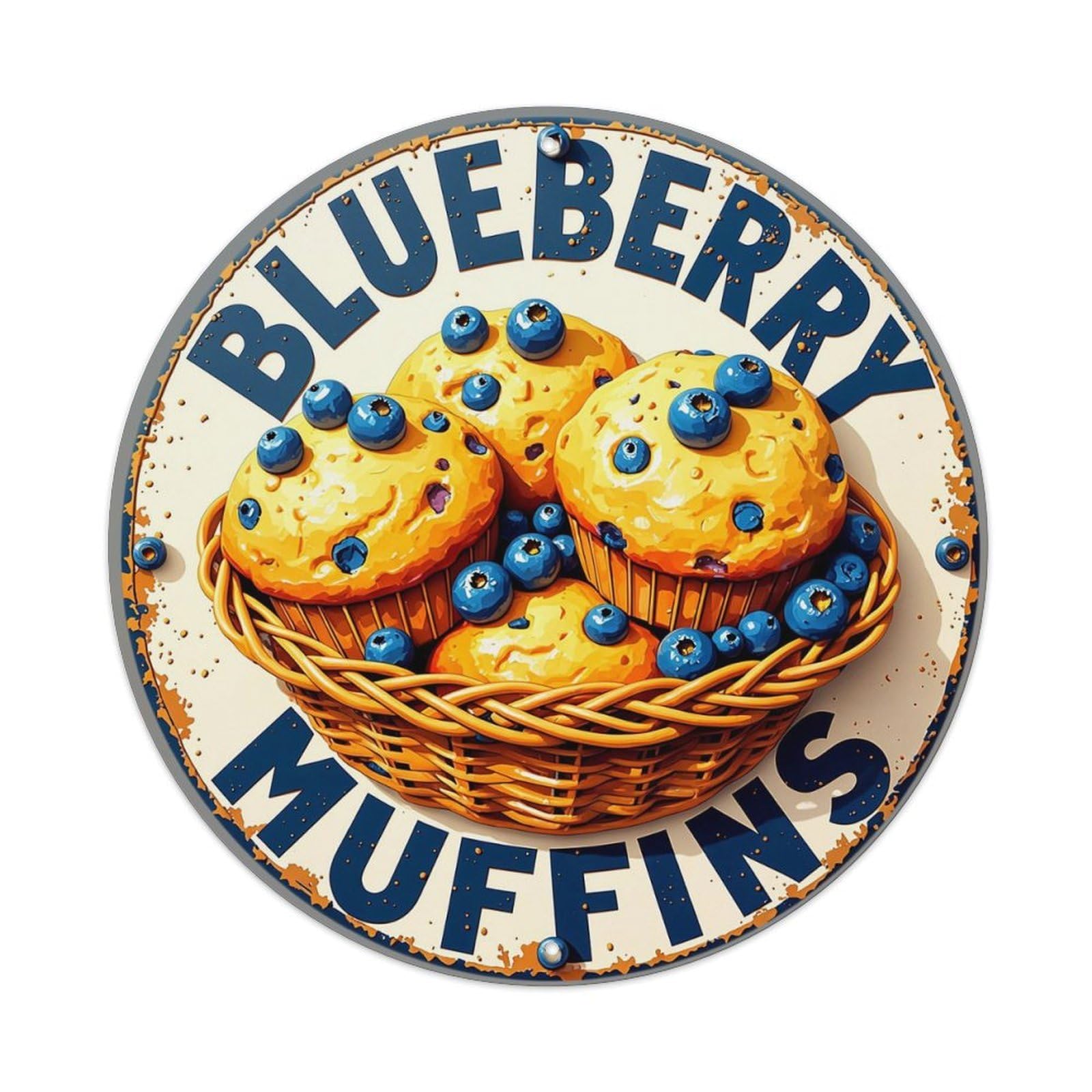 Blueberry Muffins Basket Pattern Print Retro Metal Sign Round Tin Sign, Vintage Decor Art Poster for Bar, Home, Man Cave, Kitchen, Laundry Room Gift 8x8Inch