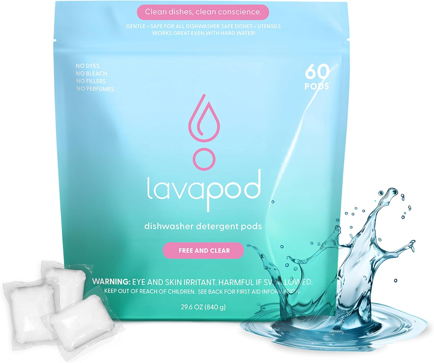 Natural Dishwasher Detergent Pods| Free and Clear (Unscented) Dish Tabs, Eco-Friendly Plant Based Enzymes | Leaves Dishes Sparkling, 60 Count