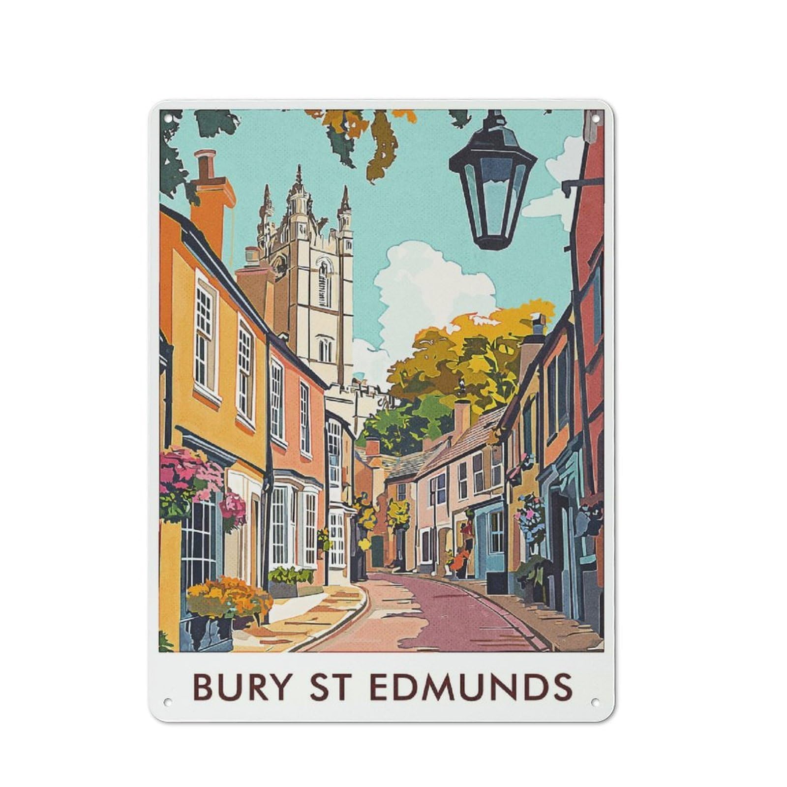 Junmoney Style-14 Bury St Edmunds Town Tin Sign 40X30cm For Hallway Wall, Retro Wall Decor, Suited To New Home Decorators
