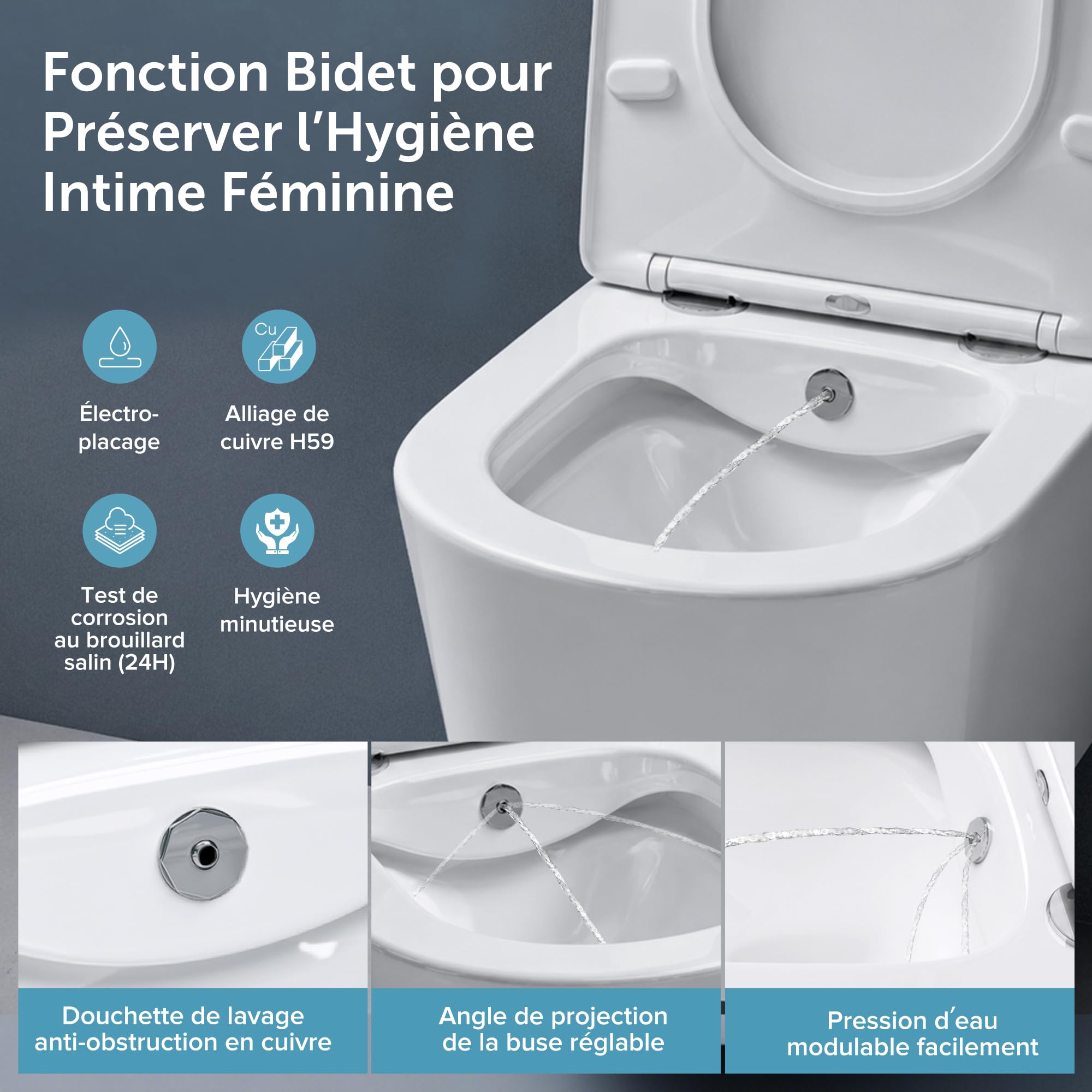 doporro WC Suspendu Blanc Cuvette Céramique avec Fonction de Bidet | Abattant Silencieux, avec Frein de Chute, Aachen601
