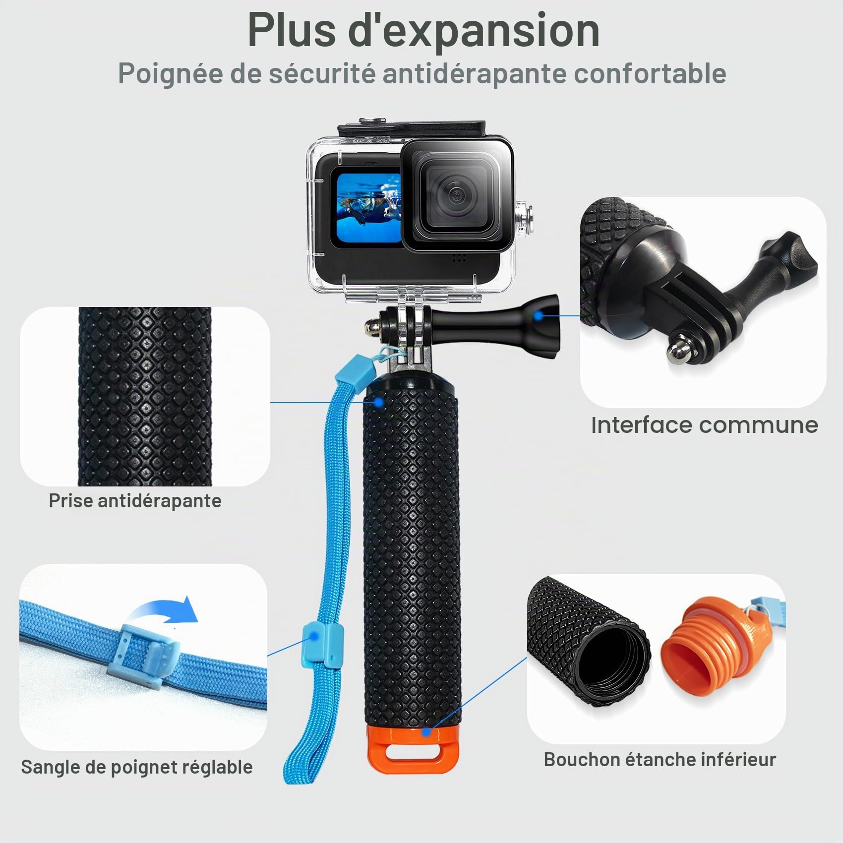OKFUN Boîtier étanche avec 3 filtres pour Go Pro Hero 13-10 noir, coque de protection sous-marine monopode flottant poignée bâton d'action camera accessoires