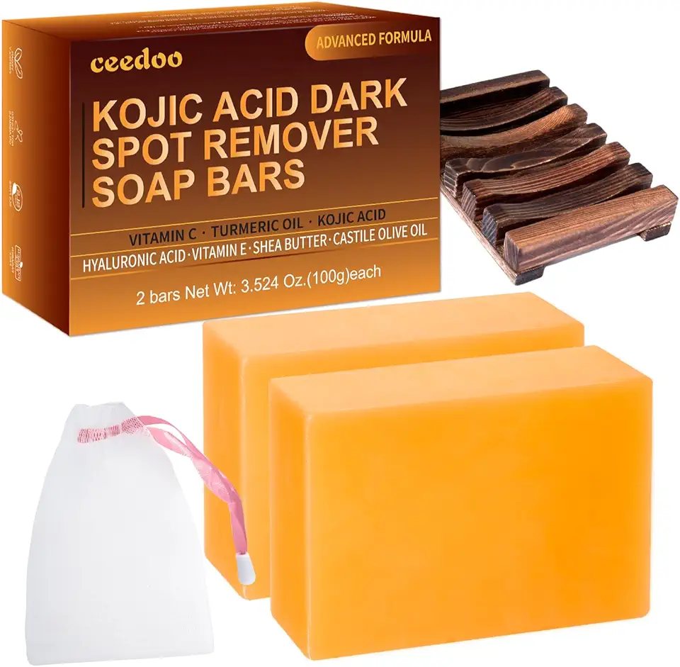 Sabonete de ácido kójico para remover manchas escuras com açafrão, vitamina C, retinol, colágeno com ácido hialurônico, vitamina E, manteiga de karité, azeite de castela - 2 barras com suporte