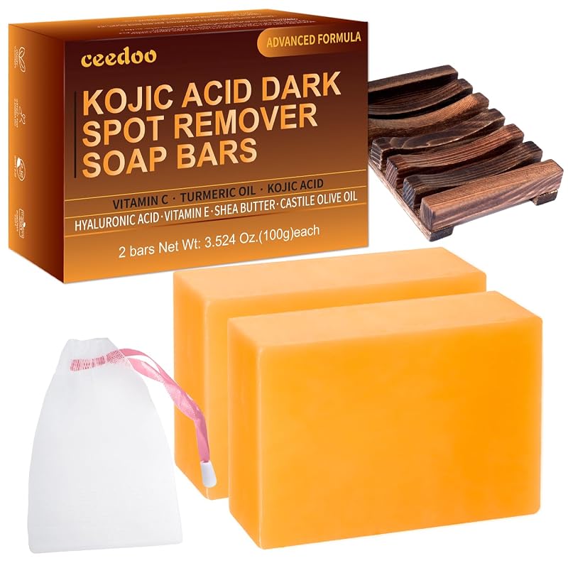 Sabonete em barra ceedoo com ácido kójico, cúrcuma, Vitamina C, retinol, colágeno, ácido hialurônico, Vitamina E, manteiga de karité e óleo de oliva Castile, laranja, com saboneteira e bolsa, pacote com 2