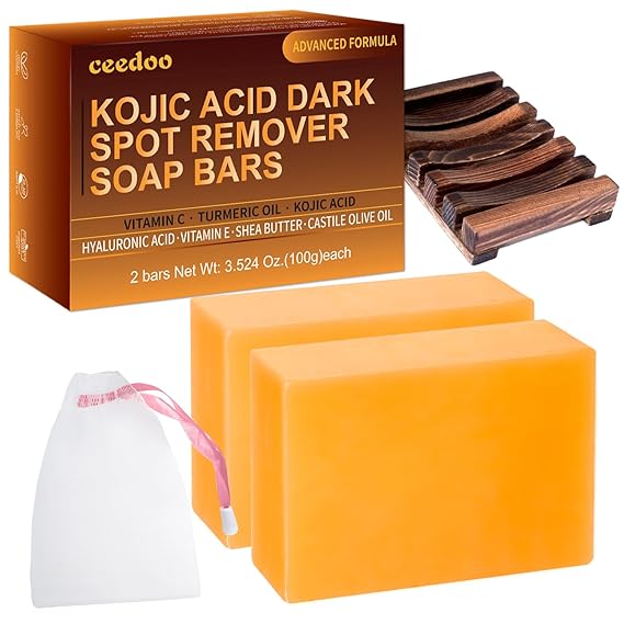 Kojic Acid Soap for Dark Spot Remover Bars with Turmeric, Vitamin C, Retinol, Collagen with Hyaluronic Acid, Vitamin E, Shea Butter, Castile Olive Oil - 3.52 OZ x 2 Bars with Soap Holder & Bag Kojic Acid Soap for Dark Spot Remover Bars with Turmeric, Vitamin C, Retinol, Collagen with Hyaluronic Acid, Vitamin E, Shea Butter, Castile Olive Oil - 3.52 OZ x 2 Bars with Soap Holder & Bag