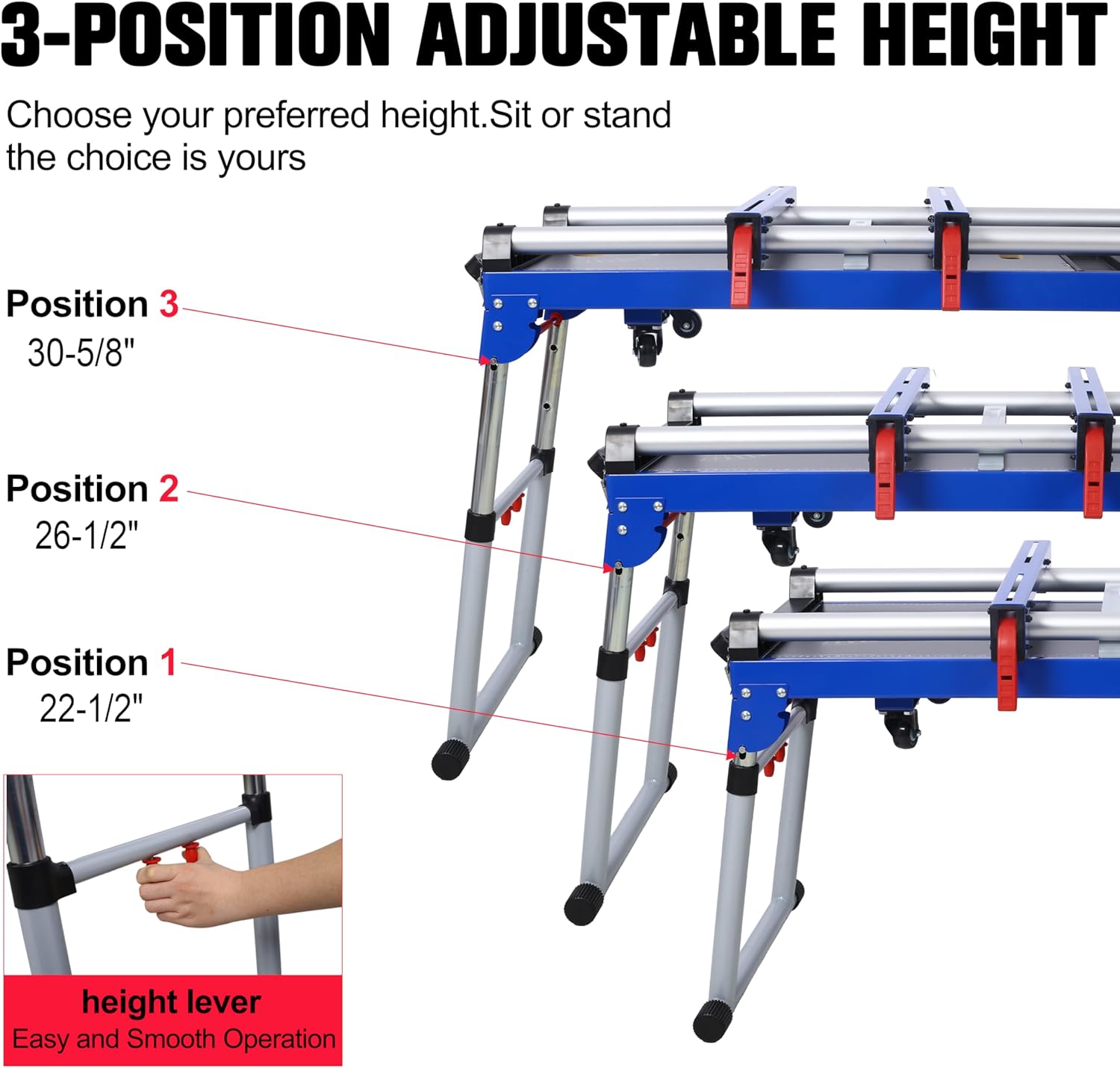 Miter Saw Stand, 5-in-1 Portable Workbench, Folding Work Table with Detachable Miter Saw Stand, Height Adjustable Legs and Wheels, Scaffold/Dolly/Creeper/Platform for Woodworking, Repair, Masonry (Blue)