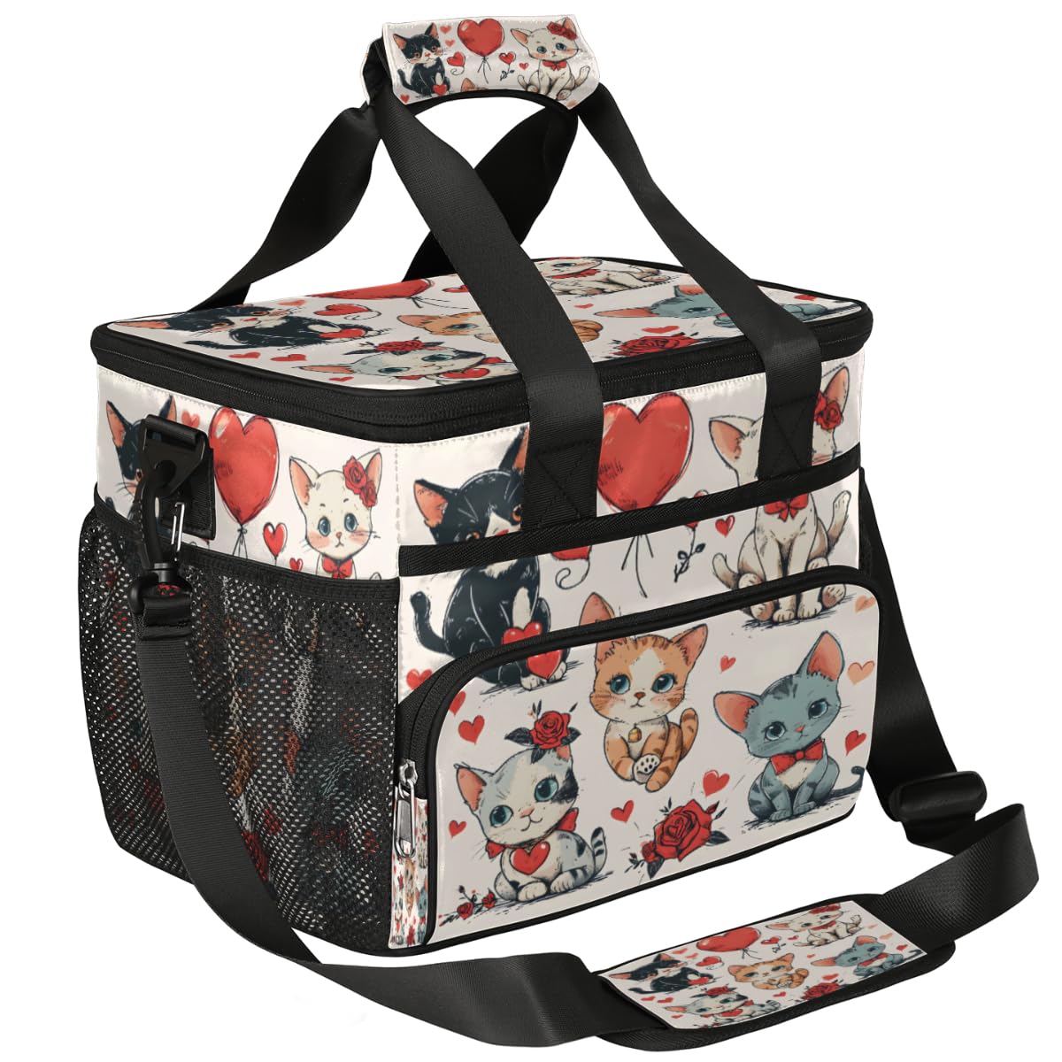 Cat with Rose Insulated Picnic Backpack Lunch Box for Women Men Picnic Basket Tote Lunch Bag Picnic Bag Portable Lunch Bags for Picnic, Beach, Work, Trip,Office, Camp Valentine's Day
