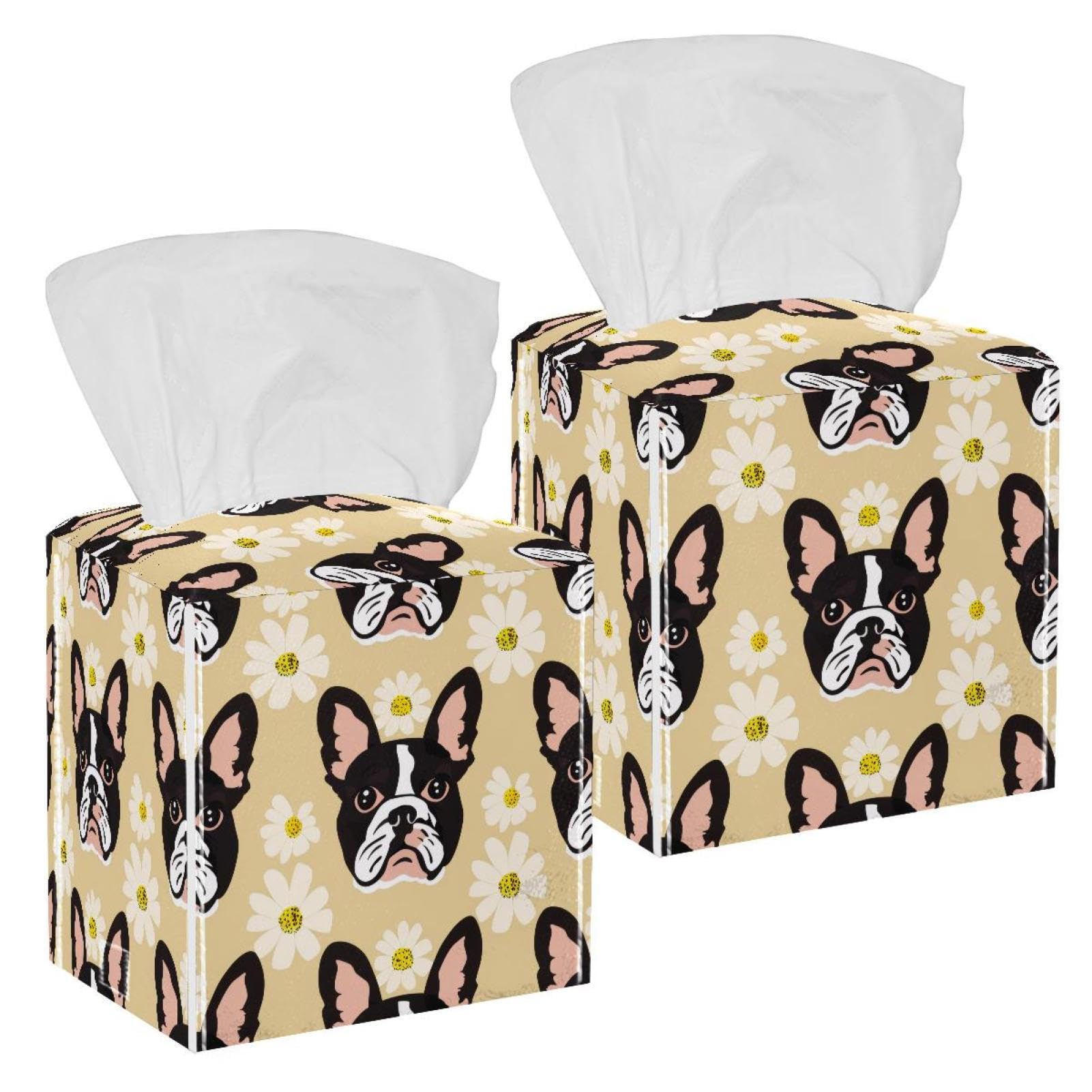 Bulldog Daisies Tissue Box Cover, 2 Pack PU Leather Square Facial Tissue Dispenser Box holder for Home Office Car