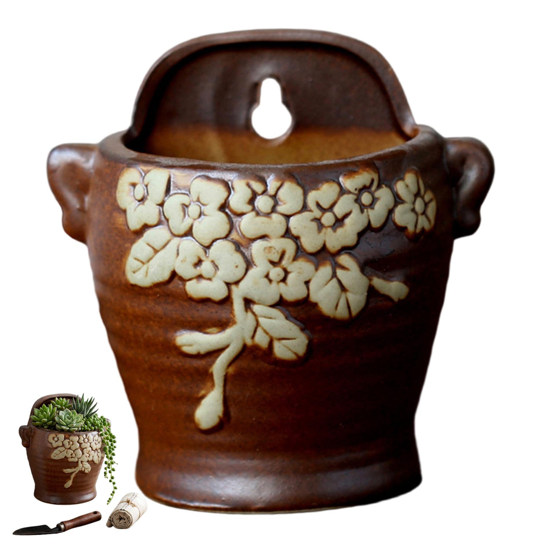 Latemeia Wall for Indoor Plants, 5.1inch Vintage Ceramic Wall Planter, Hanging Succulents Pot, Flower Pots for Indoor Outdoor Decorations (Style 2)