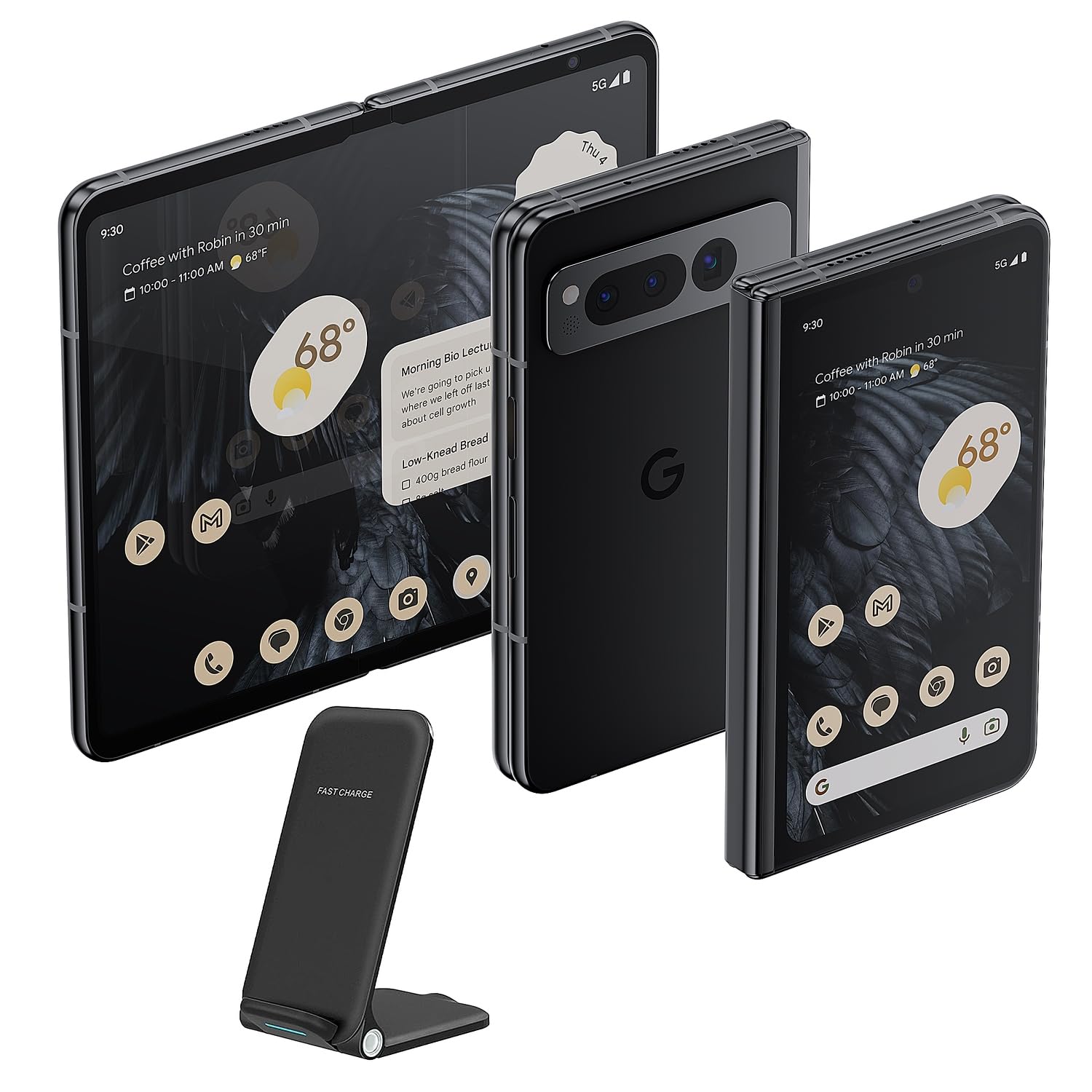 Google Pixel Fold Phone - Unlocked Android 5G Smartphones with 7.6" OLED Display, 256GB Storage, 12GB RAM, Triple Camera, Foldable Split-Screen Design, 24Hr Battery, Wireless Charging Bundle, Obsidian
