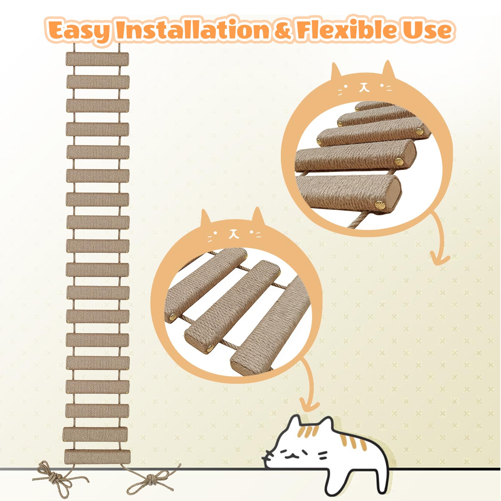 Katzenleiter 150 cm, Katzenleiterbrücke aus Holz & Sisalseil, Klettergerüst für Katzen, Aktivitätskratzbaum, Hängematte, Katzentreppe für Wand, Haustiermöbel, Khaki