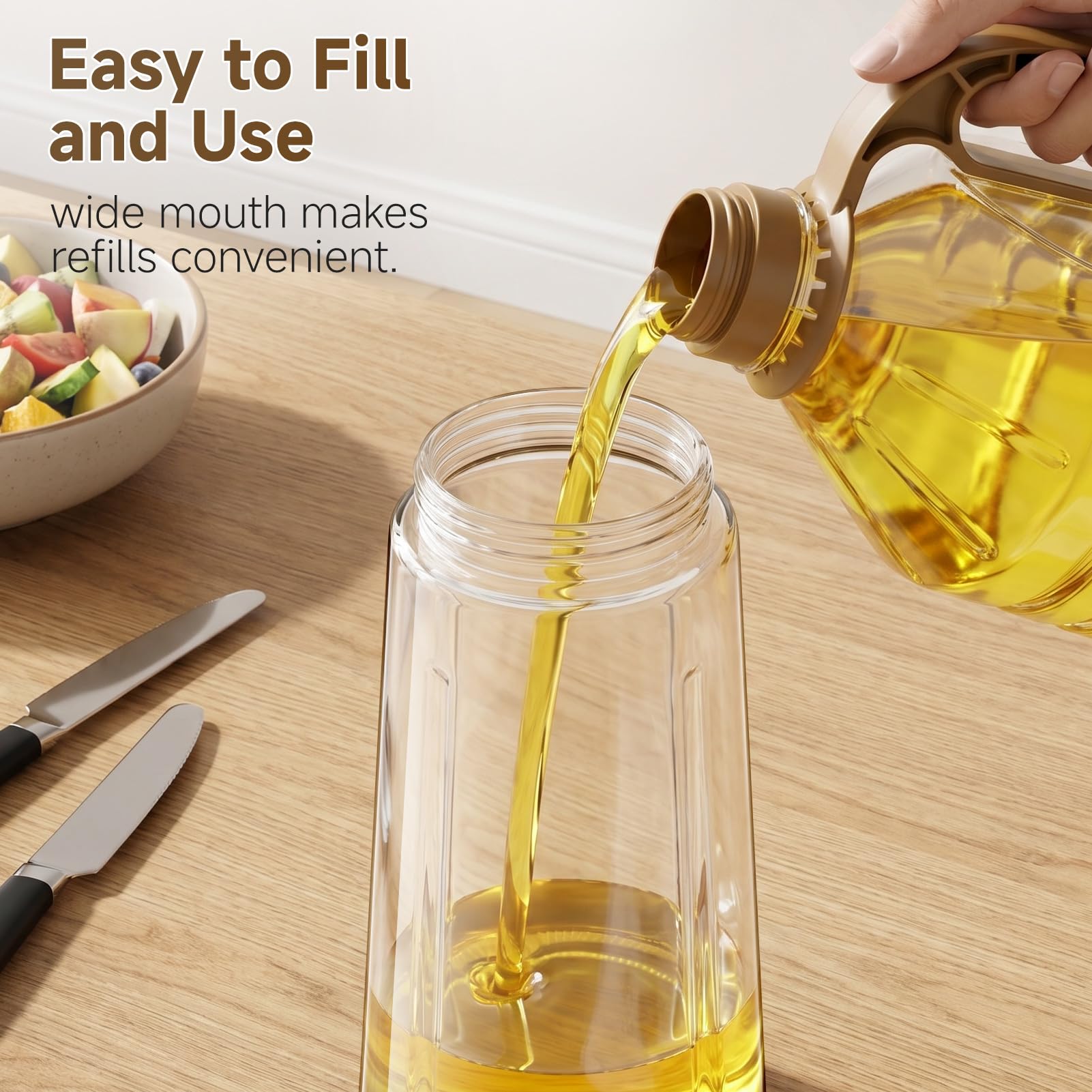 Bottiglia dispenser per olio d'oliva con chiusura automatica, 567 g, contenitore per condimenti a prova di perdite, con tappo e tappo automatico, beccuccio antigoccia, manico antiscivolo per cucina