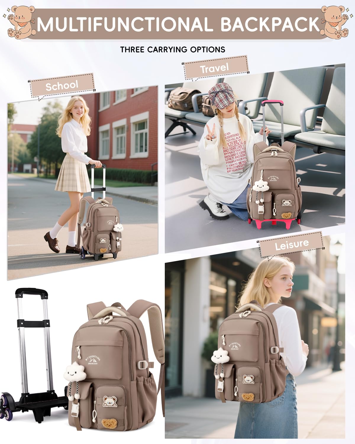 Tanou Schulrucksack Mädchen mit Rollen, 30L Rucksack Trolley 5.-12. Klasse | Abnehmbar Trolley Schulranzen für Kinder Teenager, Lässiger Reise-Rucksack mit 6 Räder, Braun