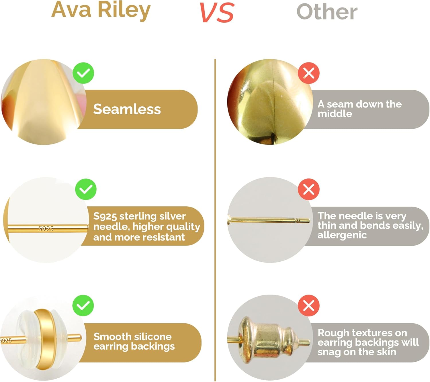 Ava Riley Chunky Gold Earrings, Small Gold Teardrop Earrings for Women, Chunky Silver Ear Studs Tear Drop S925 Sterling Silver Jewelry - Image 6