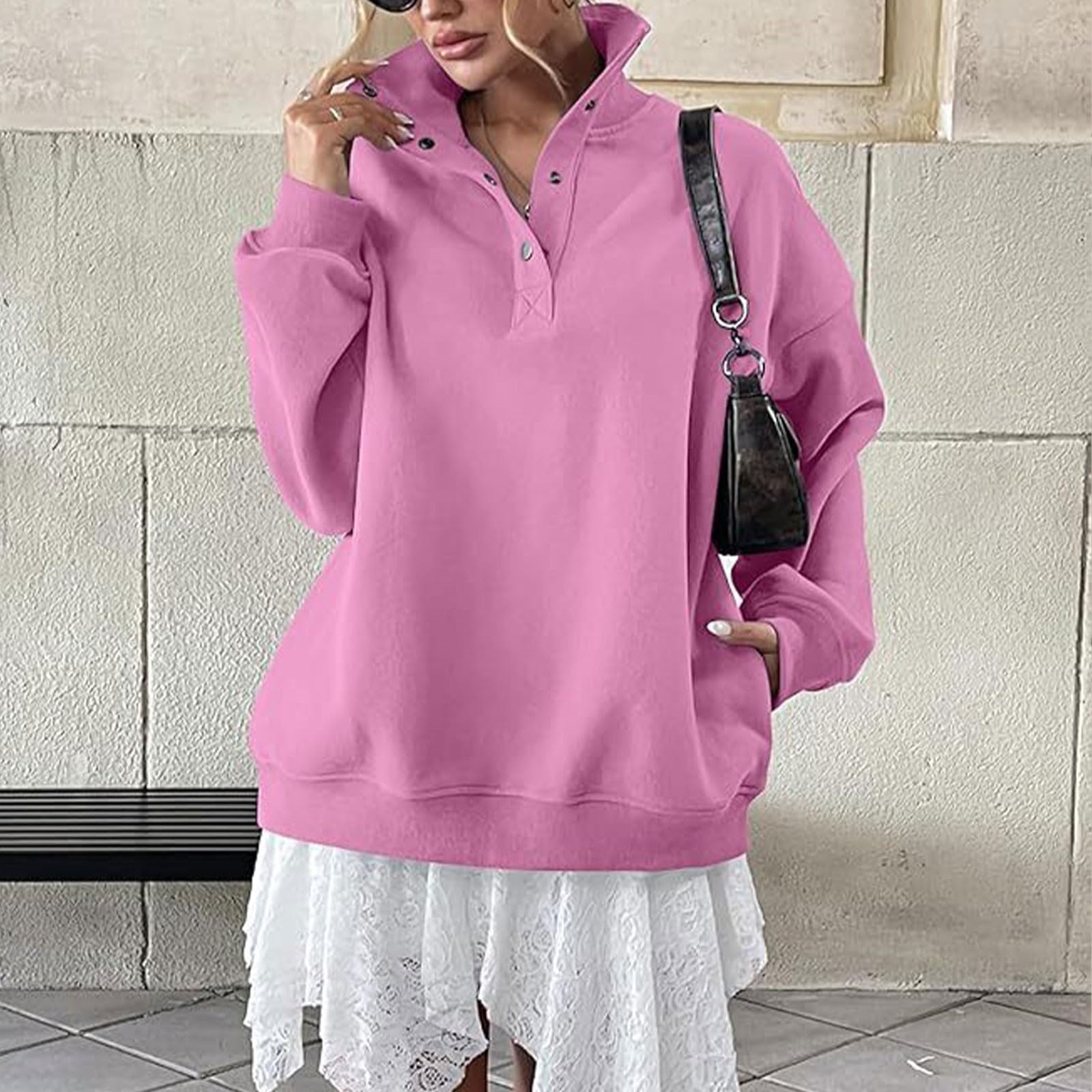 Generico Sudaderas Mujer Sin Capucha Cuello Alto con Botones Manga Larga