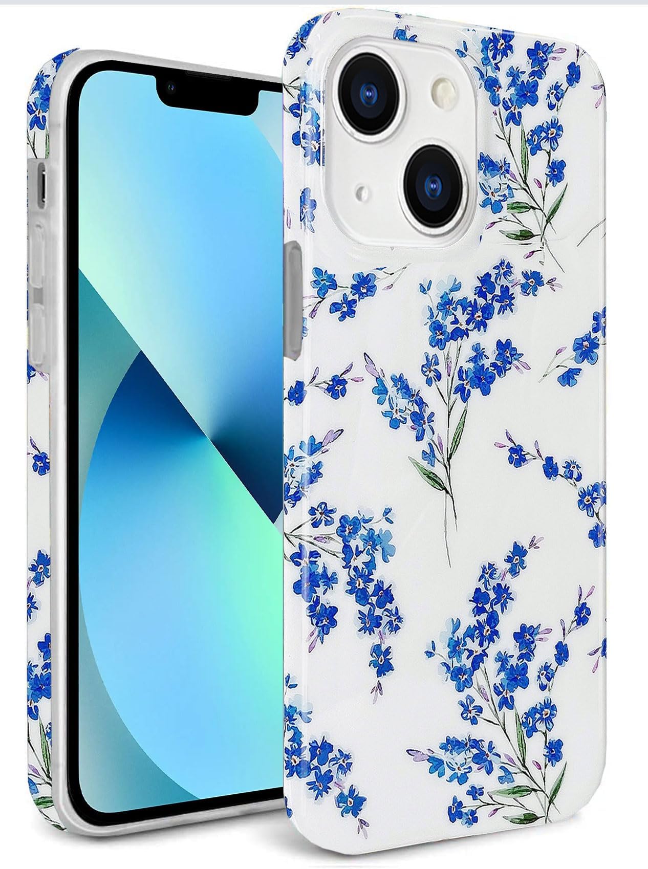 J.west Floral iPhone 13 Case 6.1", Soft TPU Flower Pattern Design, Shockproof Bumper for Women & Girls Blue