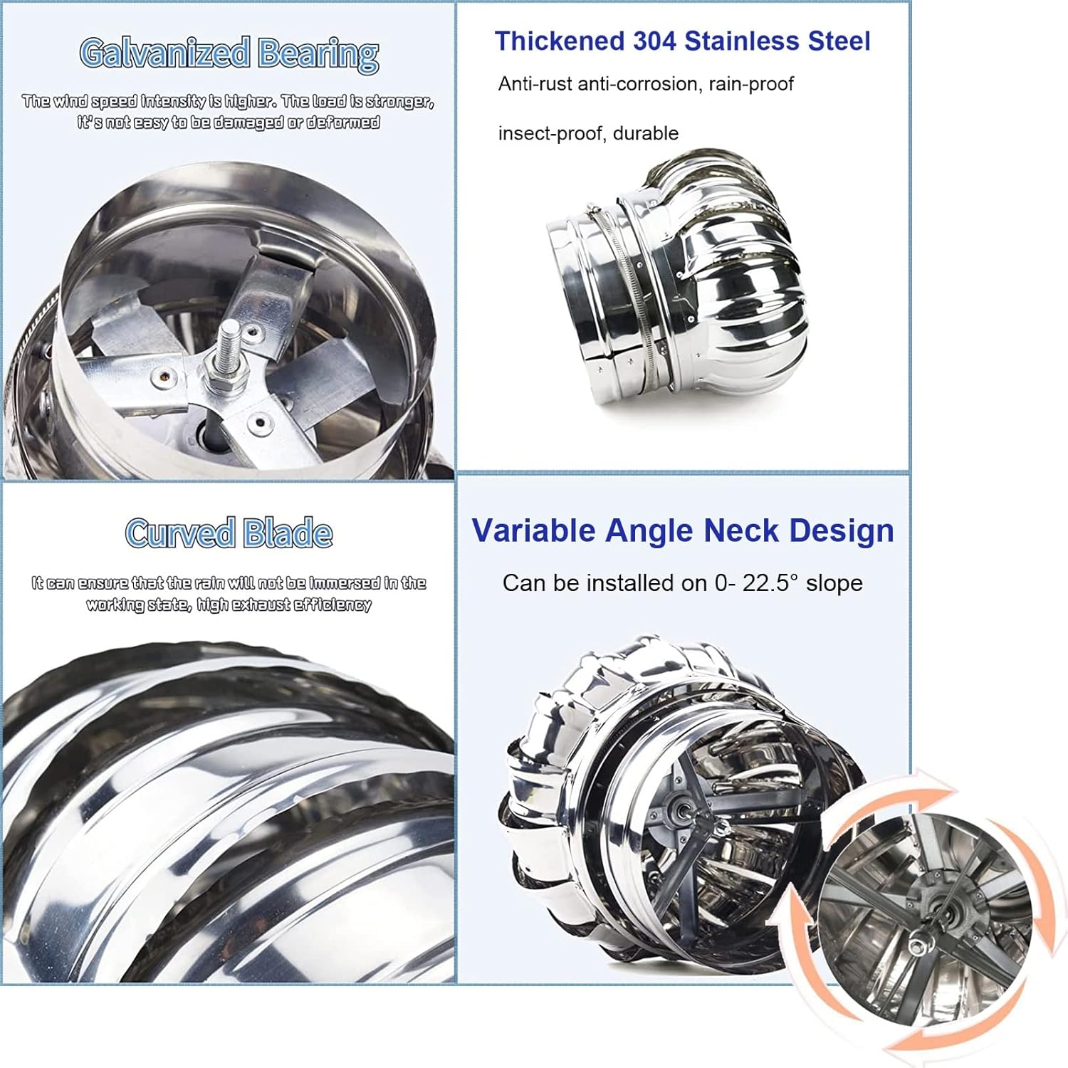 Round Roof Turbines Ventilator Roof Wind Turbinse Rain Cap Vent 110-400mm Caliber, Galvanized Steel All Weather Roof Vent, 304 Stainless Steel Rotating Chimney Exhaust Cap Flue WaterproofsVe