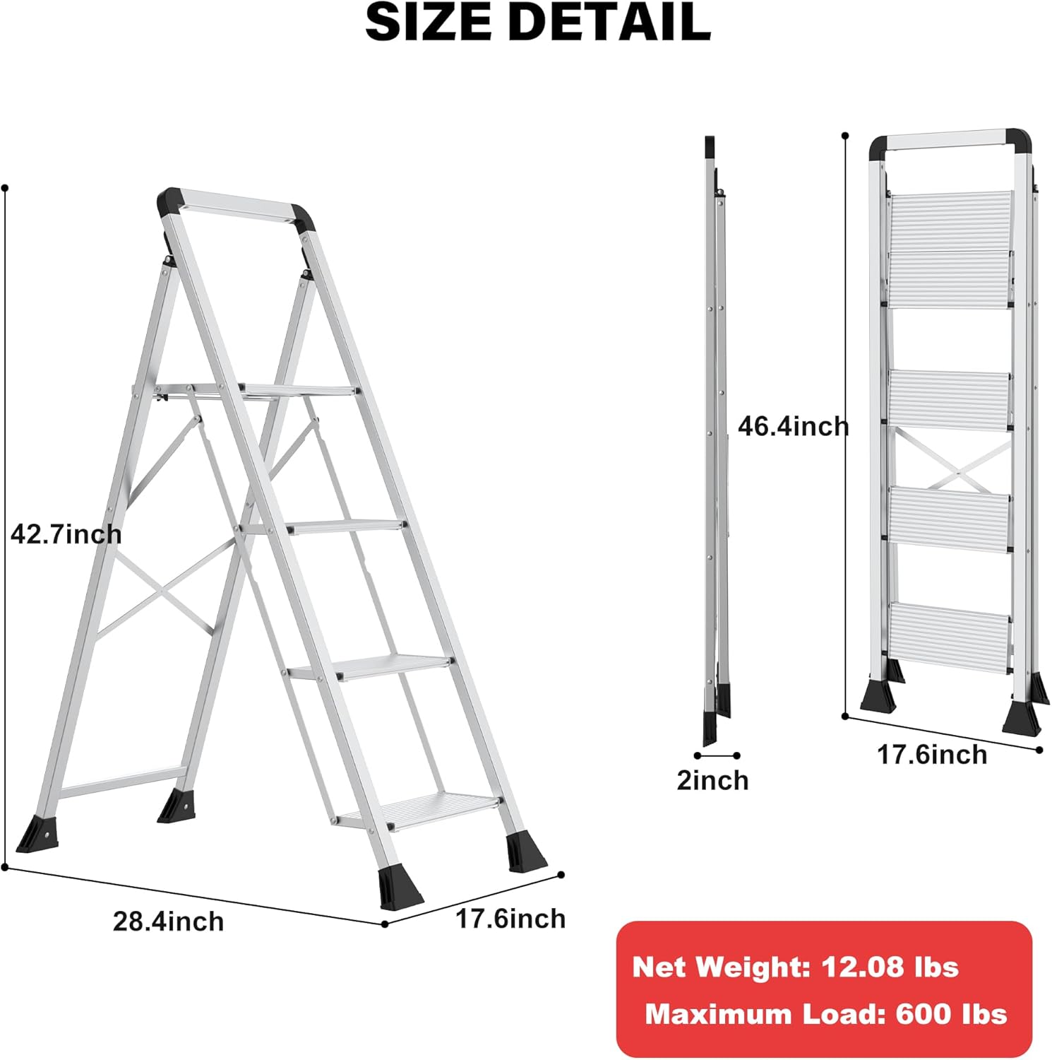 DIAMONDFORGE 4 Step Ladder,Handle Folding Step Stool with Anti-Slip Wide Pedal,Aluminum Stool Ladders 4 Steps with 600 lbs Capacity for for Kitchen, Garage and Garden