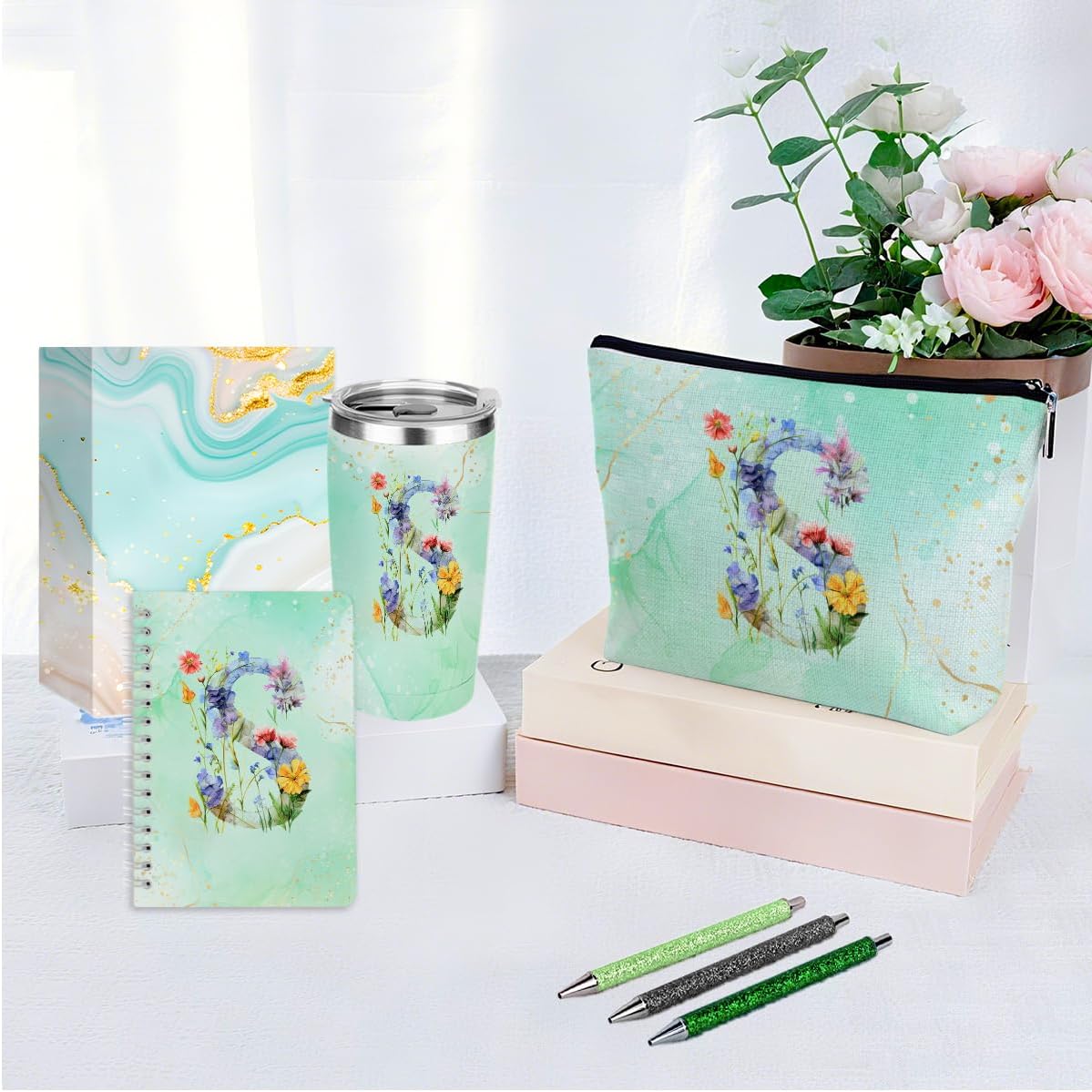Personalized Gifts for Women Monogrammed Birthday Gifts for Women, Wife Girlfriend Christmas, Initial 20 oz Tumbler, Makeup Cosmetic Bag Cup Pens Journal Notebook 6 Set, (Aesthetic Green Flower S) - Image 4