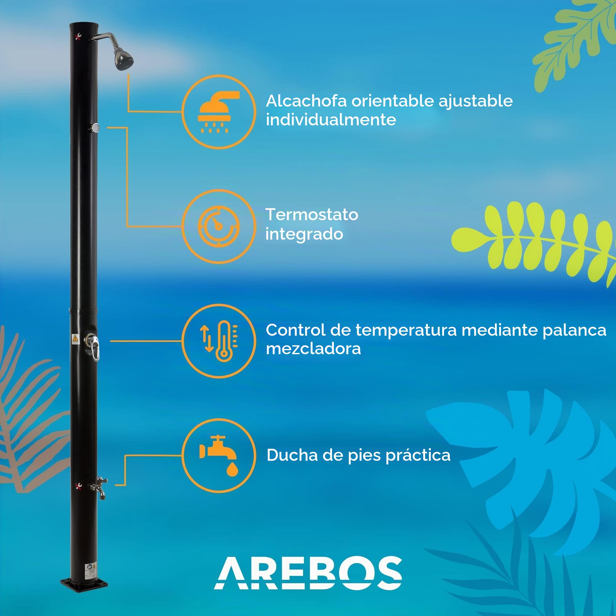 Arebos Ducha Solar | 20 litros | 221cm | con termómetro Integrado | Incl.Portada | Cabezal de Ducha Redondo | con Ducha de pies | Ducha de jardín con conexión para Manguera de jardín | Negro