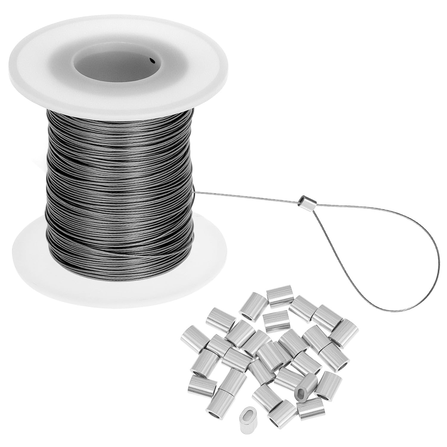 QWORK Drahtseil 100 m, 0,5 mm 304 stal szlachetna ramka na zdjęcia drut wiszący z 30 aluminiowymi zaślepkami zaciskowymi, do ramek na zdjęcia, lustra