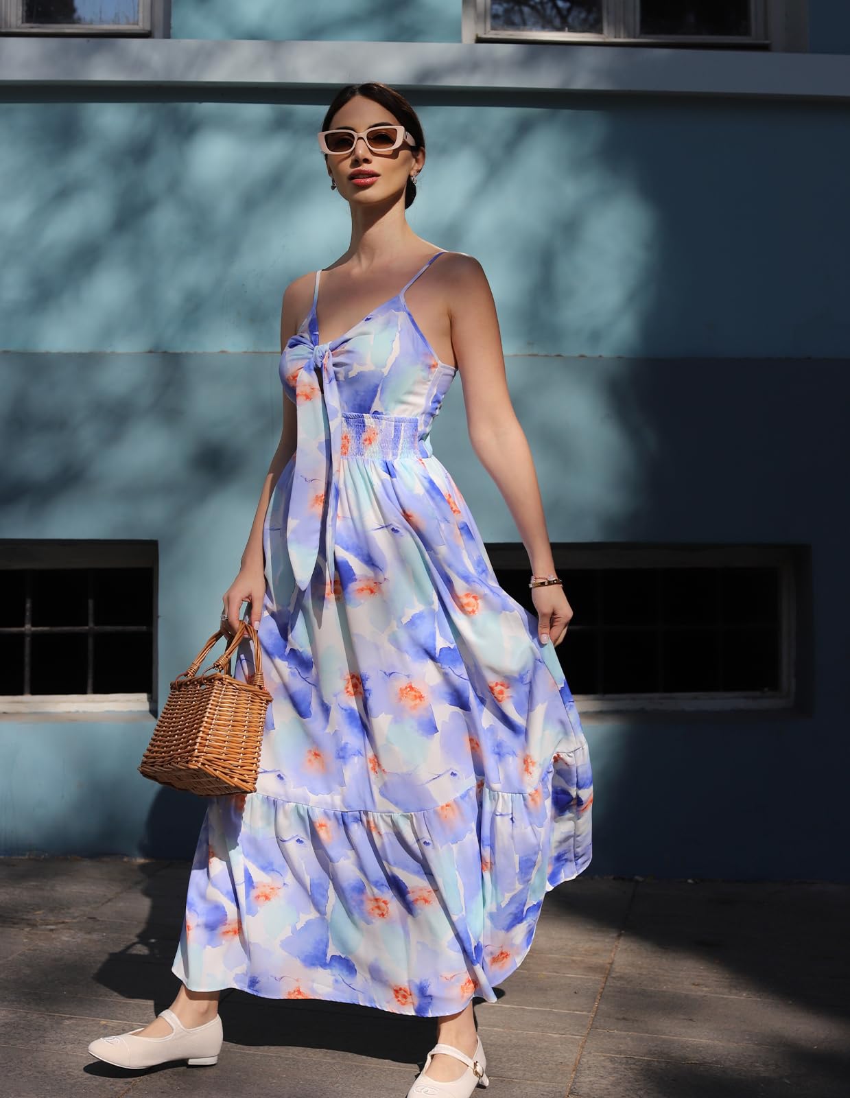 GRACE KARIN - Vestido largo de verano para mujer, floral, lazo frontal, tirantes delgados, casual, bohemio, playa, vestido de verano con bolsillos