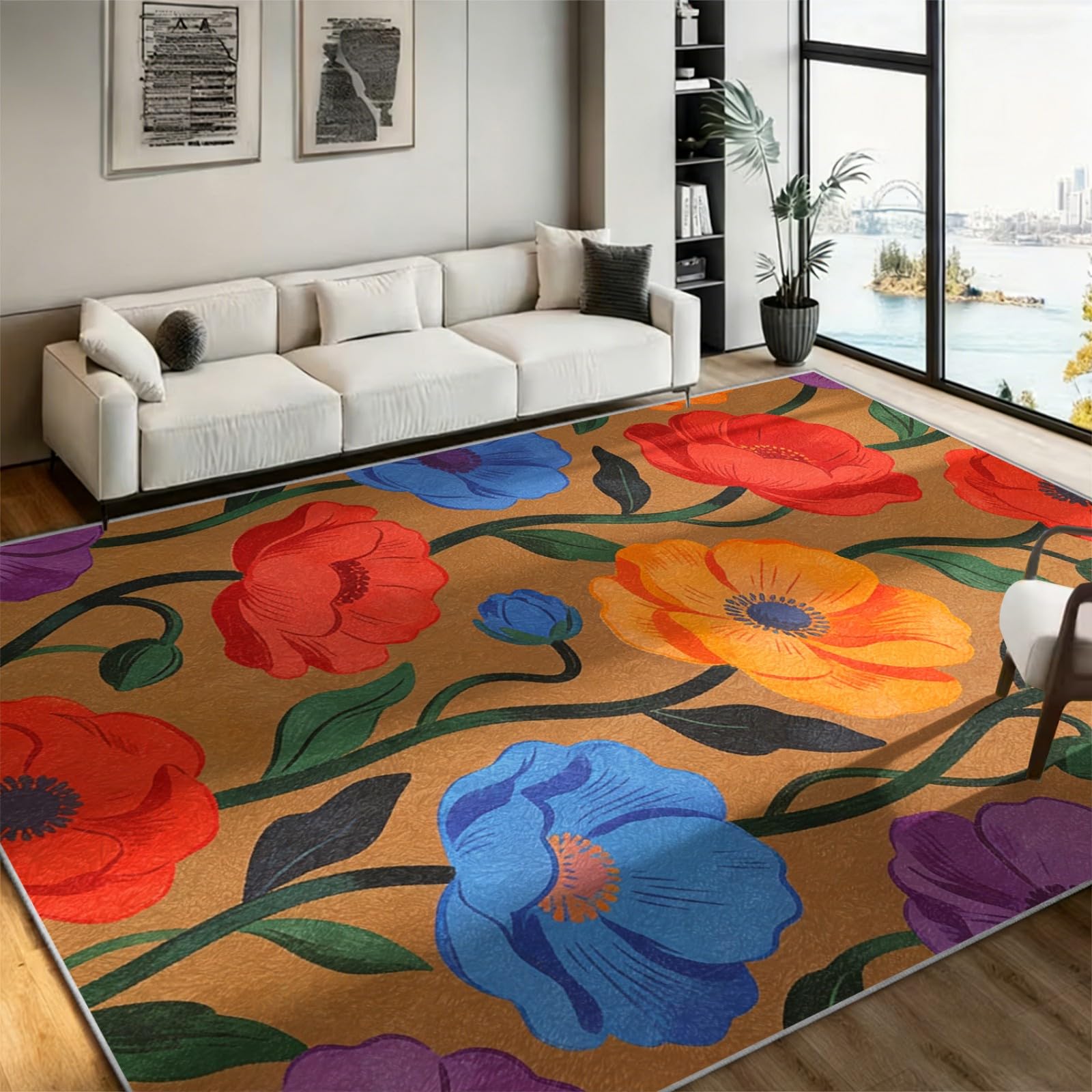 WAOTMN Boho Machine Washable Rugs Living Room,100x150cm, Floral Print Rugs Mat for Room Decor Vintage Color Flower Area Rug With Rubber Backing Thin Non Slip Floor Carpe for Bedroom